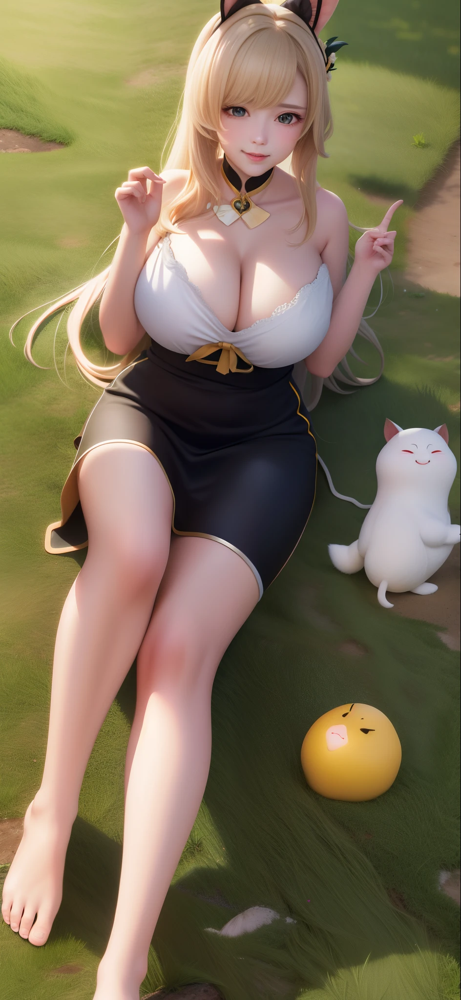 enome 1girl， long whitr hair， nedium breasts， Blushlush， ssmile， blond hairbl，big cleavage breasts， tiese， grassy （realisticlying：1.2）， （hentail realism）， （tmasterpiece：1.2）， （best qualtiy）， （hyper-detailing）， （8k， 4k， 复杂）， （full body shot of：1）， （85mm）， light particules， illuminating， （highly  detailed：1.2），（Detailed face：1.2）， （Gradient）， SFW， a color， （detailedeyes：1.2）（detailedbackground）， detailed scenic view， （dynamic angle：1.2）， （dynamicposes：1.2）， （third_composition：1.3）， （Line of action：1.2）