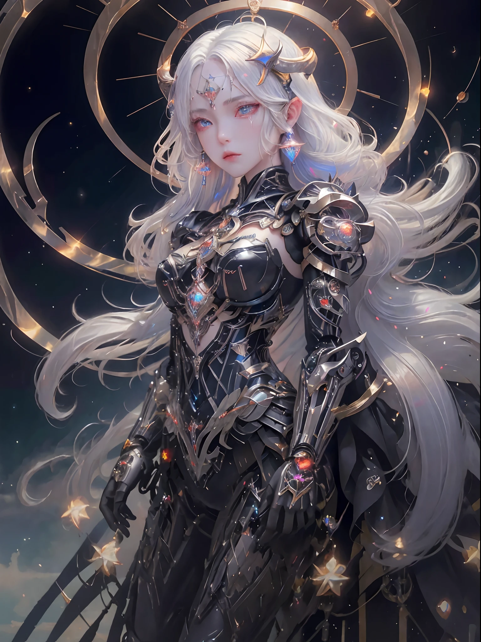 upper body, face focus, caustics,reflection,ray tracing,demontheme,nebula,dark aura,cyber effect, (1girl:1.4),solo,alone,mecha musume,mechanical parts, robot joints,single mechanical arm, headgear, mechanical halo,star halo,intricate mechanical bodysuit, mecha corset, kimono, full armor, very long hair,white hair, hair between eyes, multicolored hair, colored inner hair, red eyes,glowing eye,eye trail, random expressions,random action, ancient japanese architecture,pond, starry sky,skyline,