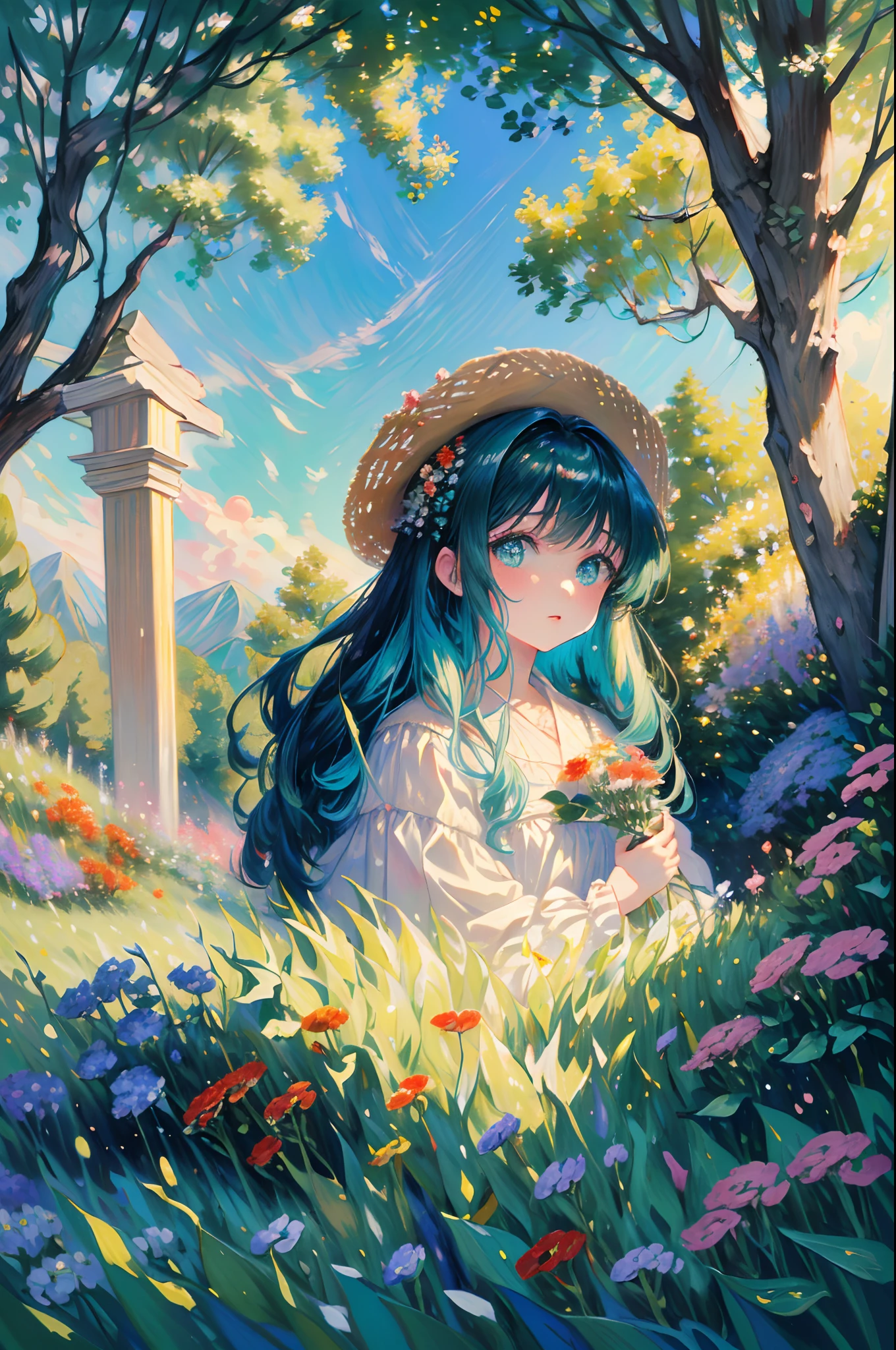 (masterpiece),(best quality),(ultra-detailed), beautiful detailed face. 1girl, long skirt, holding flowers, wide shot. Up the green slope, beneath the forest's roof, With slow, soft steps leaving the mountain’s steep, And sought those inmost labyrinths, motion-proof