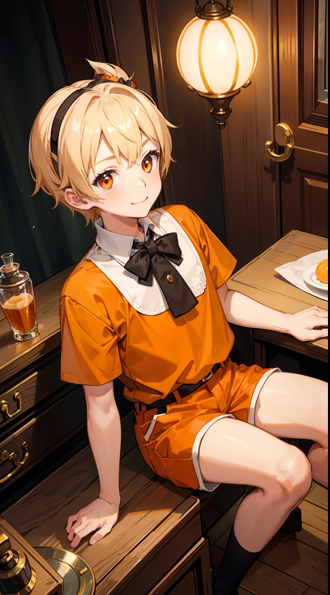 little boy, short blonde hair, high ponytail, Orange Eyes, Smile, Aristocrat's shirt, Shorts, Masterpiece, hiquality