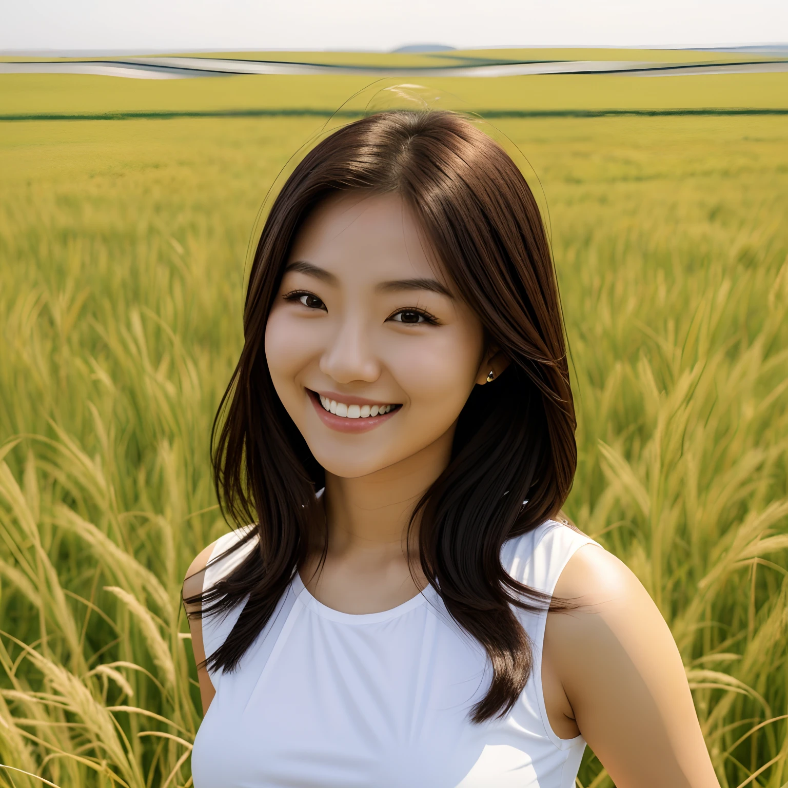 Woman in her mid-20s in white shirt。Lovely beauty of a smile。The background is the majestic Mongolian grassland。 Breasts are big。Tank top is white。 --auto