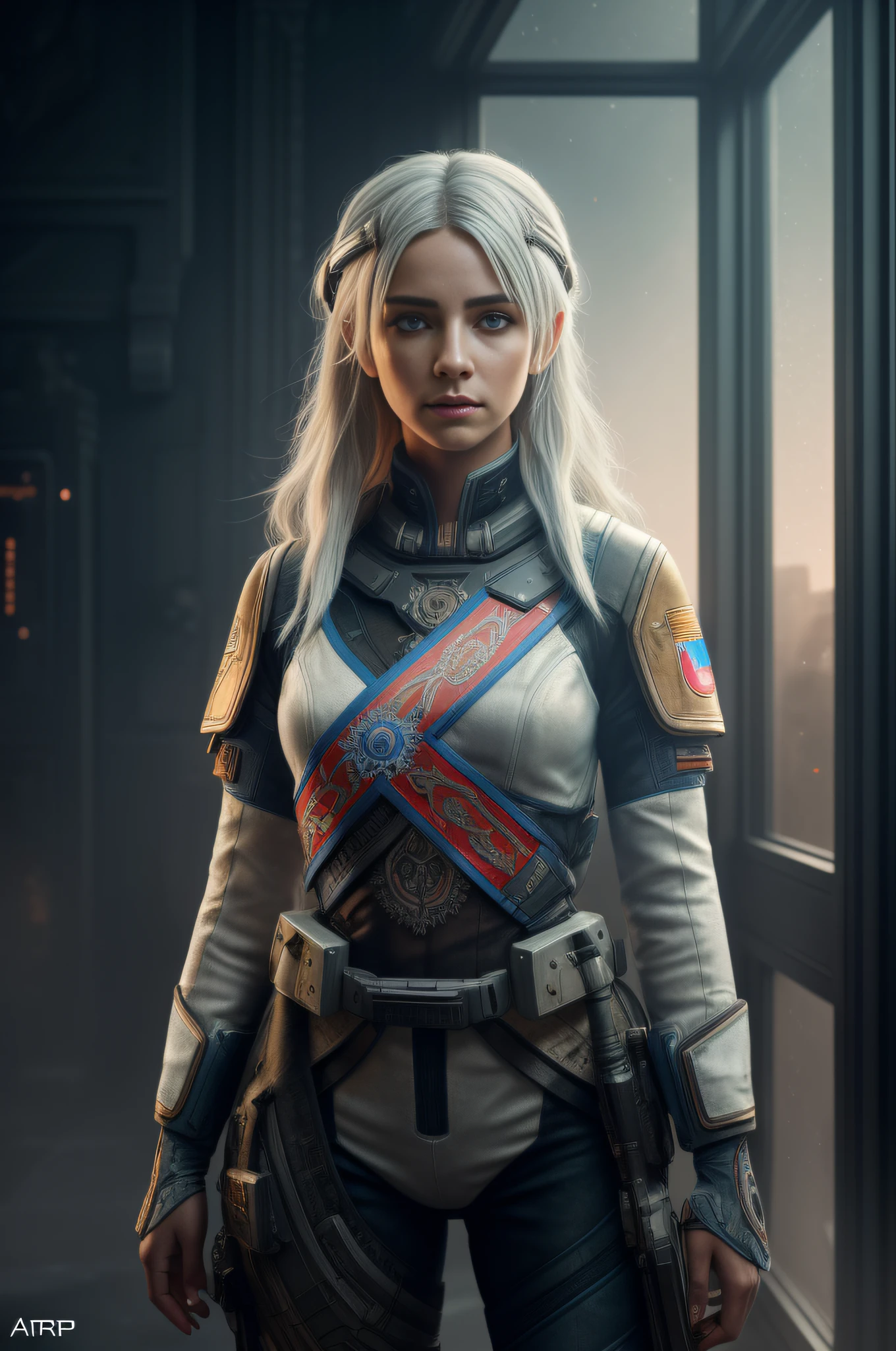 Girl, white hair, 4k, techwear, hyperrealism, realistic, hyperrealistic, high resolution, spaceship pilot, in the art style of Filip Hodas, post-apocalyptic style, full body character, 35mm lens, cinematic, soft lighting, epic realistic, faded, ((neutral colors)), (hdr:1.5), (muted colors:1.2), pastel, hyperdetailed, warm lights, dramatic light, (intricate details:1.2), complex background, rutkowski, ((intricate details)), ((intricate details, hyperdetailed)), ((blue details)), ((((Polish flag)))), (white clothing) with blue stripes, (smile:1.1), ((by Carne Griffiths)), iron hair clips, full-length, dark space in the background, titanfall, (dark shot:1.17), epic realistic, faded, ((neutral colors)), art, (hdr:1.5), (muted colors:1.2), hyperdetailed, (artstation:1.5), cinematic, warm lights, dramatic light, (intricate details:1.1), complex background, (rutkowski:0.8), (teal and orange:0.4)