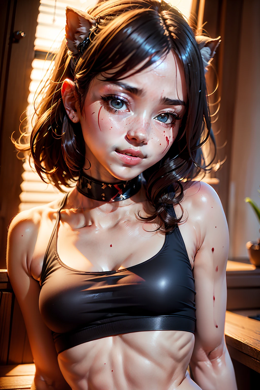 a girl, j1gs4w face, maskmidriff, flirting with camera, sexy pose, upper body, blood on face