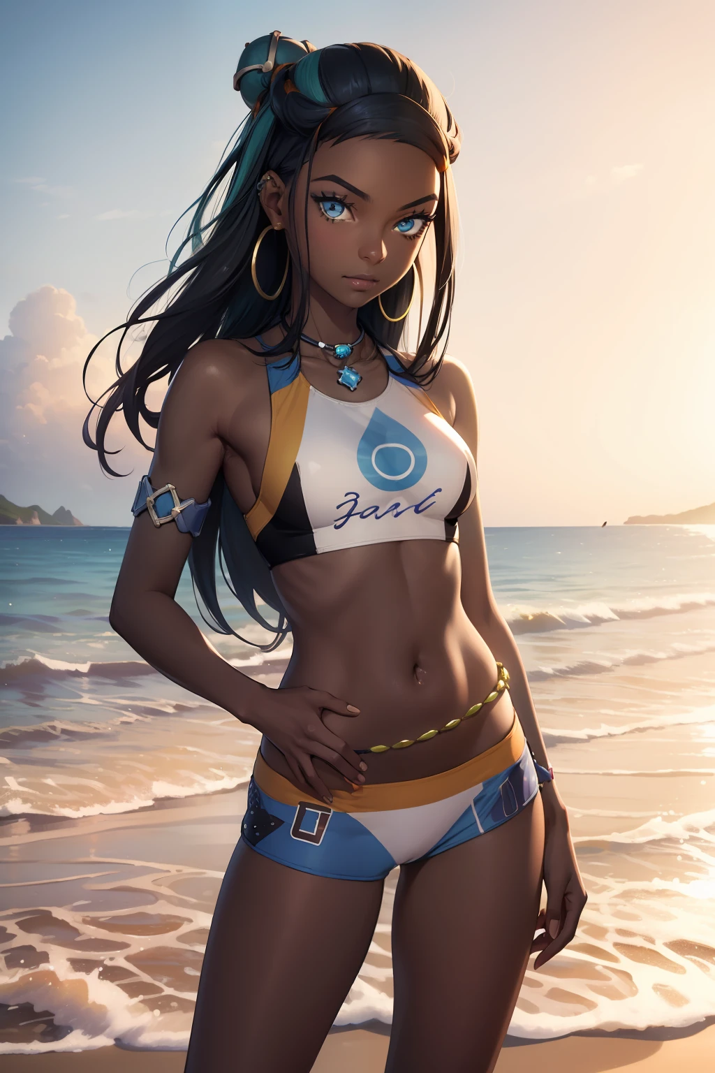 (masterpiece, best quality:1.2), cowboy shot, solo, 1girl, nessa, dark skin, dark-skinned female, slight smile, looking at viewer, hand on hip, single hair bun, swimsuit, bikini, jewelry, necklace, earrings, belly chain, armlet, midriff, beach, full body