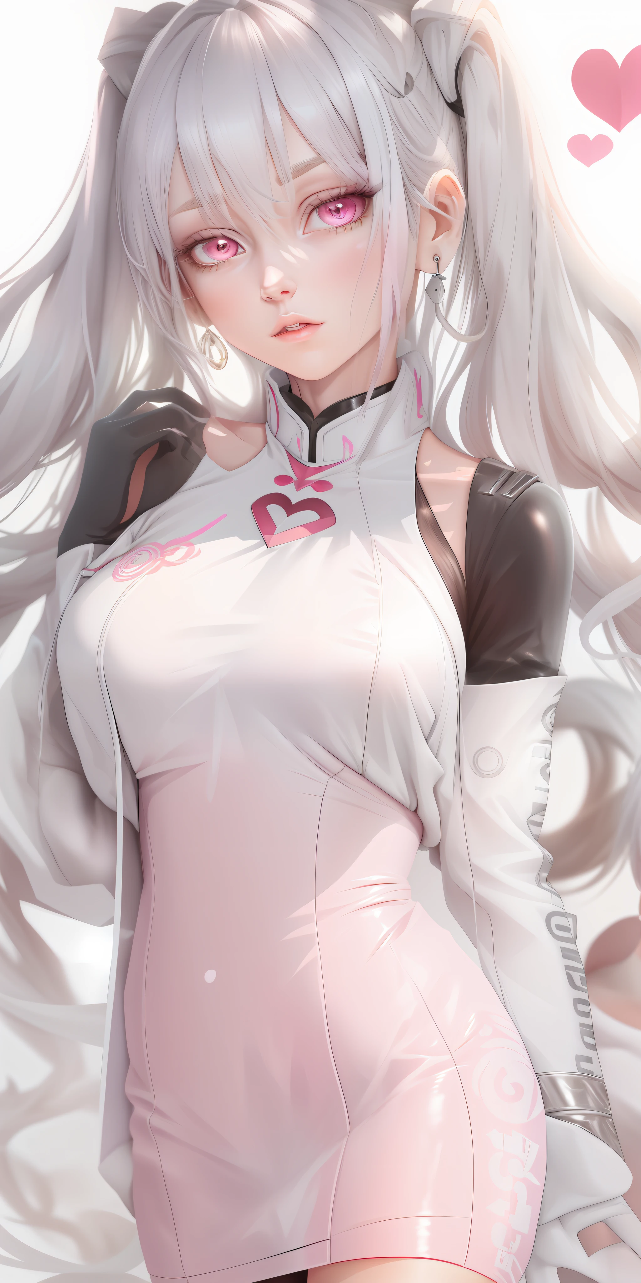 Silver hair, Hairline,, Pink eyes, Heart earrings, rough breath, Anime style,  8K, High details, High quality, Super detail，white stockings，Heads-up，Skinny ultra-short cheongsam，Panorama Figures