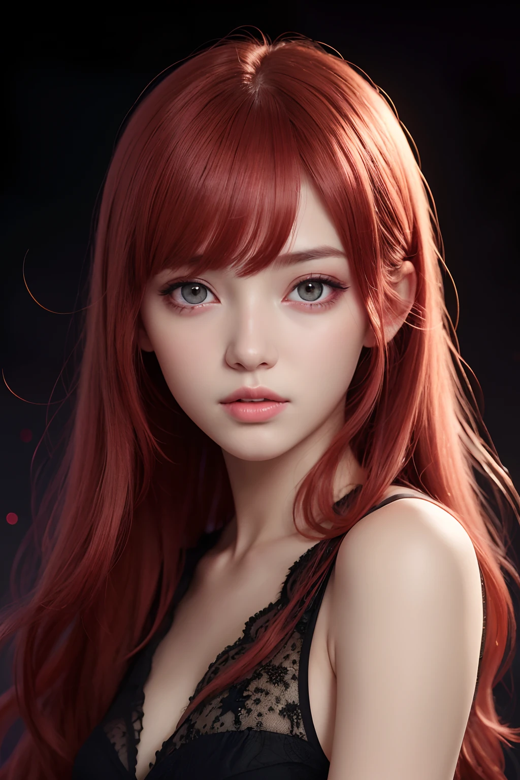 1girll, star eye, Blush, lighting perfect, Red hair, Red eyes, illusory engine, side-lighting, Detailed face, bangs, Bright Skin, Simple background, Dark background,