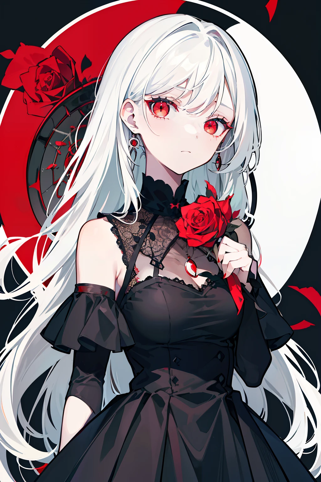 (best quality, masterpiece), (1girl, solo, black dress, standing , looking at viewer, white hair, red eyes, holding rose, closed mouth, upper body), (red dreamcatcher behind, red flower, )