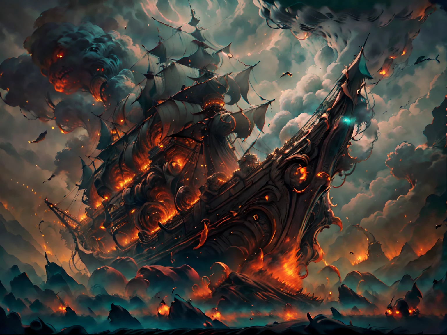 Craft a series of AI-generated artworks featuring a ghostly ship of the damned, surrounded by an atmosphere of thick smoke and swirling flames. The ship itself should boast a tattered and ethereal appearance, with misty sails that bear the likeness of sinister ghost faces. Amidst the billowing smoke, introduce a colossal, hauntingly detailed skull composed of smoky tendrils, looming ominously over the ship. This giant skull could exude an eerie glow from its hollow eye sockets and be adorned with spectral wisps that intertwine with the smoke. The entire scene should evoke a sense of both awe and dread, transporting viewers to a realm where the boundaries between the living and the spectral blur, and where the fiery mists conceal both secrets and curses