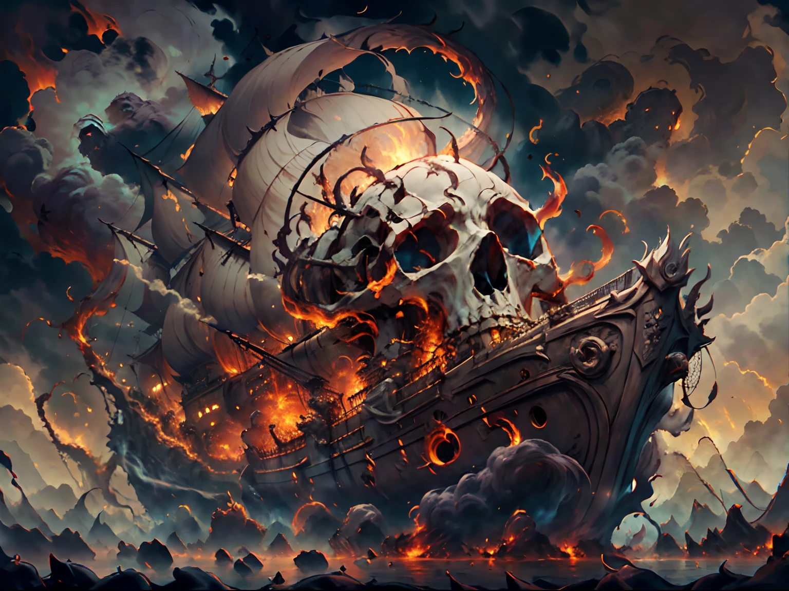 Craft a series of AI-generated artworks featuring a ghostly ship of the damned, surrounded by an atmosphere of thick smoke and swirling flames. The ship itself should boast a tattered and ethereal appearance, with misty sails that bear the likeness of sinister ghost faces. Amidst the billowing smoke, introduce a colossal, hauntingly detailed skull composed of smoky tendrils, looming ominously over the ship. This giant skull could exude an eerie glow from its hollow eye sockets and be adorned with spectral wisps that intertwine with the smoke. The entire scene should evoke a sense of both awe and dread, transporting viewers to a realm where the boundaries between the living and the spectral blur, and where the fiery mists conceal both secrets and curses