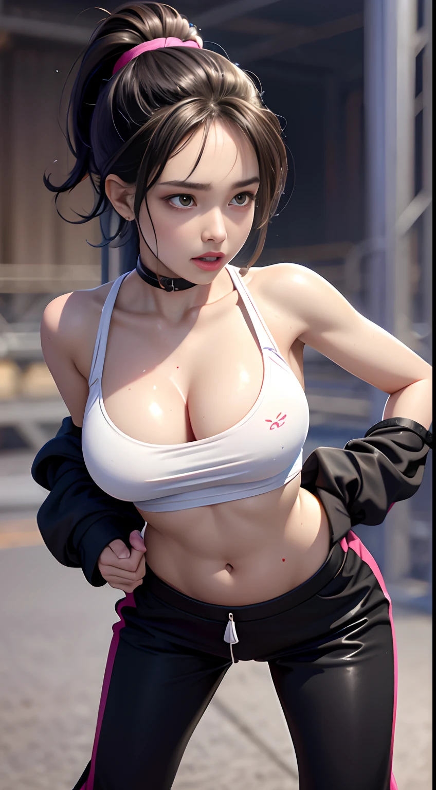 exposing your navel,Anime girls,Black hair,High ponytail,Blushlush,is shy,Sweat soaks clothes,Clothes translucent,The carcass looms,track suit,Expose the lower half of the breast,Poor milk,A breath comes out of the mouth,Black pupils,quadratic element,Animate