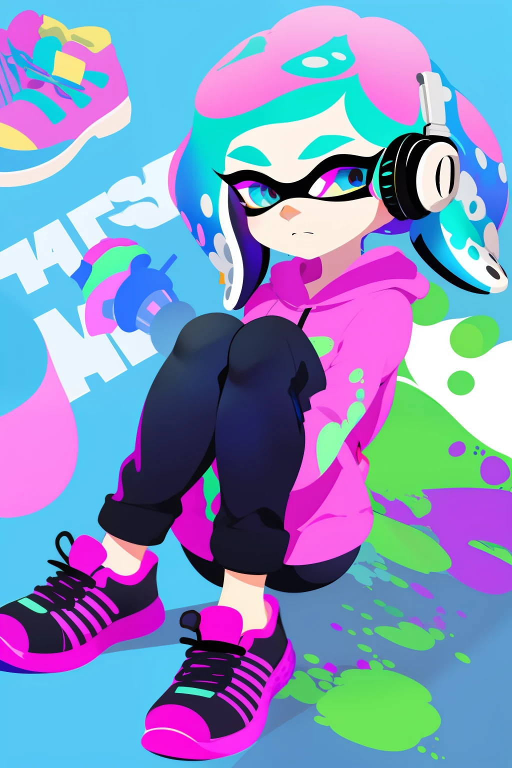 Splatoon, 1girl, inkling, Splatoon 2, splatfest style, Splatoon style, headphones, short hair, hoodie, blue ink, blue tentacles, blue hair, pink eyes, lineless, perfect face, masterpiece, perfect anatomy