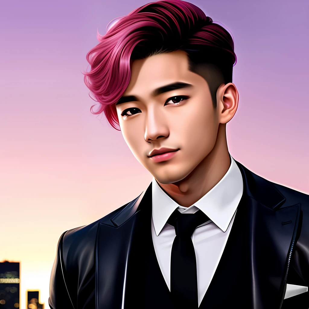 ((((Adonis))), idol, A pink-haired, Upper Body Photo, white  shirt, Black tie, leather jackets, Top image quality, hightquality, A hyper-realistic, Cinematic lighting, Night view of the city, Green eyes, Beautiful eye makeup, cool smile, Photo of one person, portlate)、Korean 20-year-old man、Delicate lashes、Beautiful lips