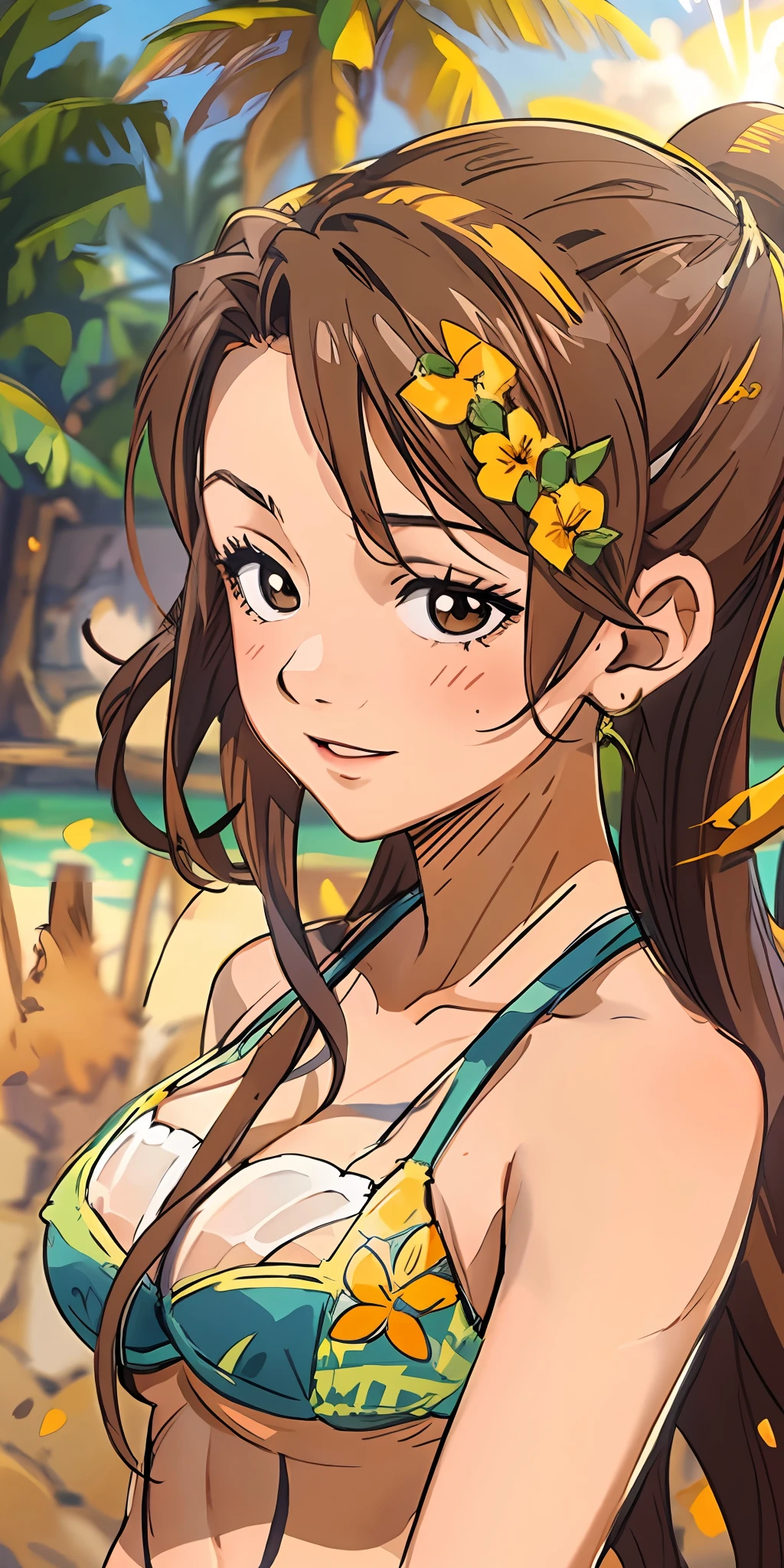 Character: Cana, a girl with twintails and long brown hair, sporting a playful expression. She is confidently posing in a stylish bikini, radiating a vibrant energy.