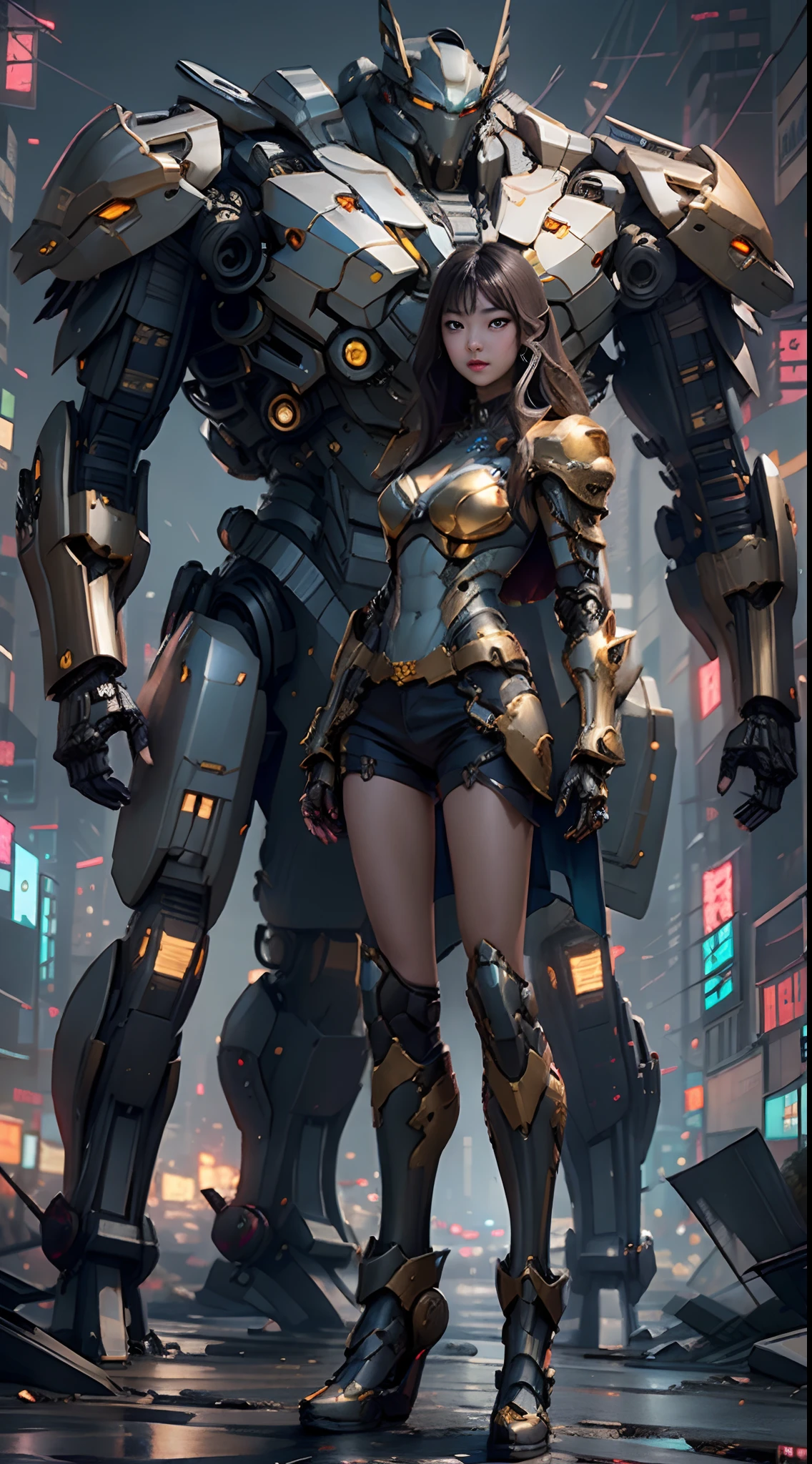 Boutique,best quality,Gold jewelry,(slip out feet),Fairy skin,(Fidelity :1.2),Standing,Super Detailed,realistic,High quality,Movie Light,Ray tracking,Ultra HD,Upper body
Girl in armor and cape  standing next to giant robot, Guweiz style artwork, CyberPunk mech, Trends on CGSTATION, Guweiz, Russell Dongjun Lu, digital cyberpunk anime art, Ross Tran 8 K, Guweiz on ArtStation Pixiv, Girl in mecha network armor