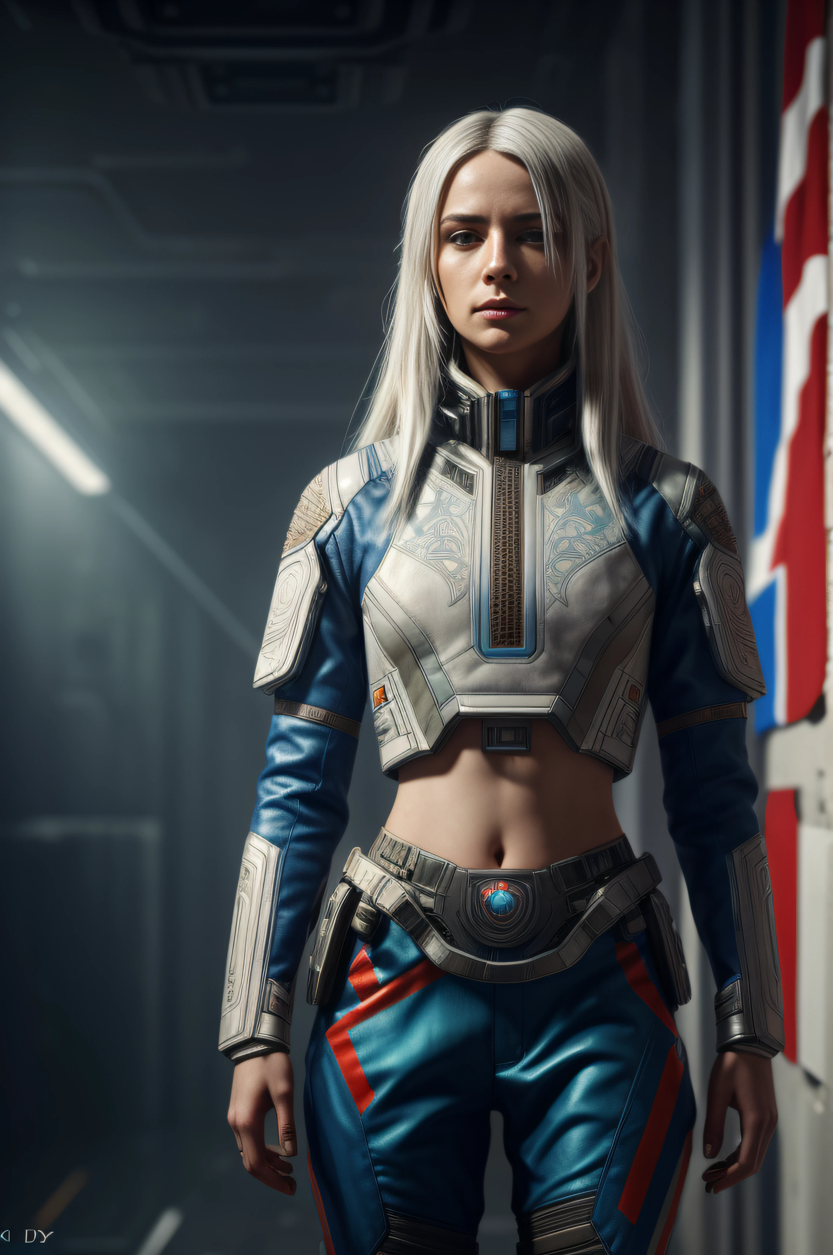Girl, white hair, 4k, techwear, hyperrealism, realistic, hyperrealistic, high resolution, spaceship pilot, in the art style of Filip Hodas, post-apocalyptic style, full body character, 35mm lens, cinematic, soft lighting, epic realistic, faded, ((neutral colors)), (hdr:1.5), (muted colors:1.2), pastel, hyperdetailed, warm lights, dramatic light, (intricate details:1.2), complex background, rutkowski, ((intricate details)), ((intricate details, hyperdetailed)), ((blue details)), ((((Polish flag)))), (white clothing) with blue stripes, (smile:1.1), ((by Carne Griffiths)), iron hair clips, full-length, dark space in the background, titanfall, (dark shot:1.17), epic realistic, faded, ((neutral colors)), art, (hdr:1.5), (muted colors:1.2), hyperdetailed, (artstation:1.5), cinematic, warm lights, dramatic light, (intricate details:1.1), complex background, (rutkowski:0.8), (teal and orange:0.4)