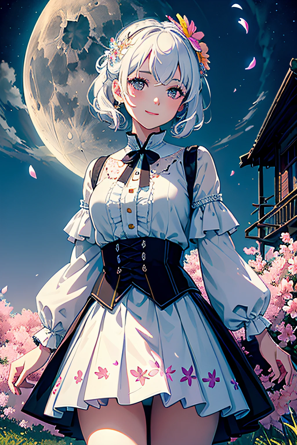 masterpiece, best quality, 1girl, (colorful),(finely detailed beautiful eyes and detailed face),cinematic lighting,bust shot,extremely detailed CG unity 8k wallpaper,white hair,solo,smile,intricate skirt,((flying petal)),(Flowery meadow) sky, cloudy_sky, building, moonlight, moon, night, (dark theme:1.3), light, fantasy,