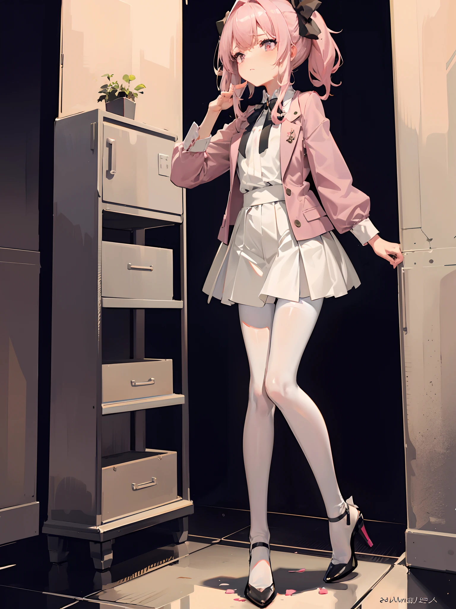 （tmasterpiece），（best qualtiy），（A pink-haired，long whitr hair，white hair ribbon，White flower decoration），（lacepantyhose，White panty hose，stocklings：0.8，Full body pantyhose），（White pleated skirt，short  skirt），（Manteau，pastel pink，silkouette），putting makeup on， Blushlush， high-heels， 1girll，squatt， SakuraNS， the night，have to pee，Pee，pissing，Pee yourself，Single-sided lighting，16k，wide wide shot，Bright colors，sharp linework，high qulity，A high resolution