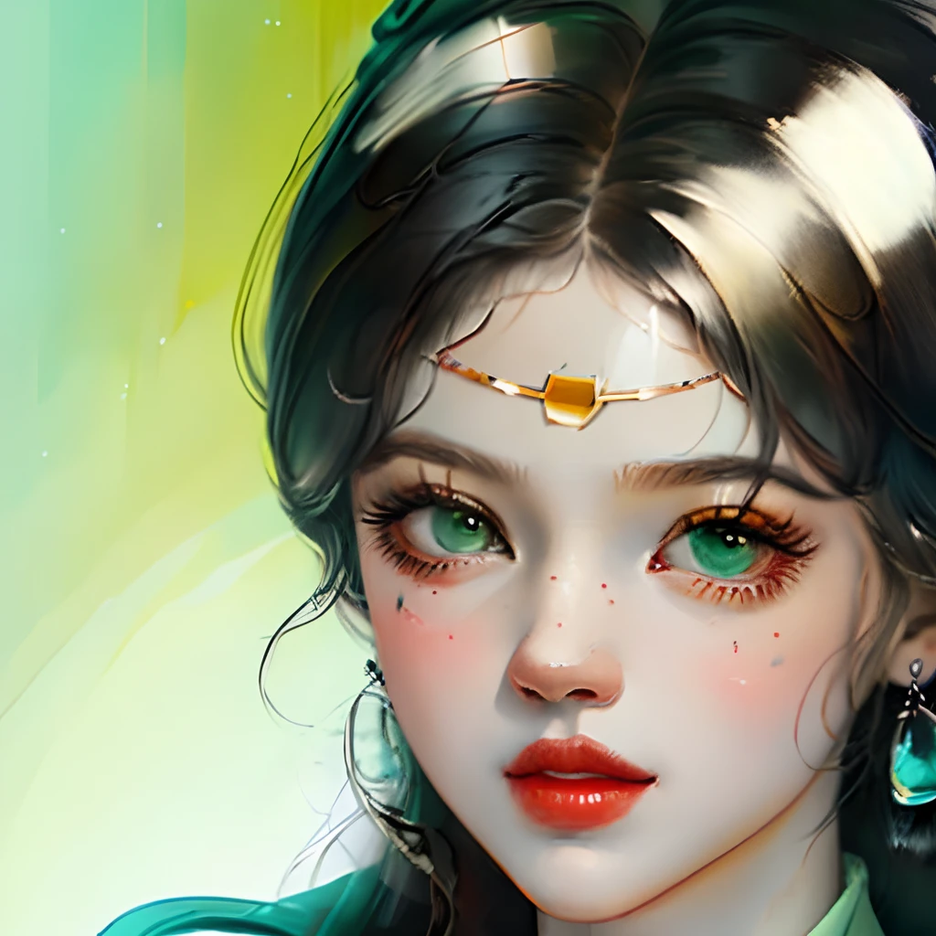 Black hair, green eyes, two-dimensional beautiful painting style