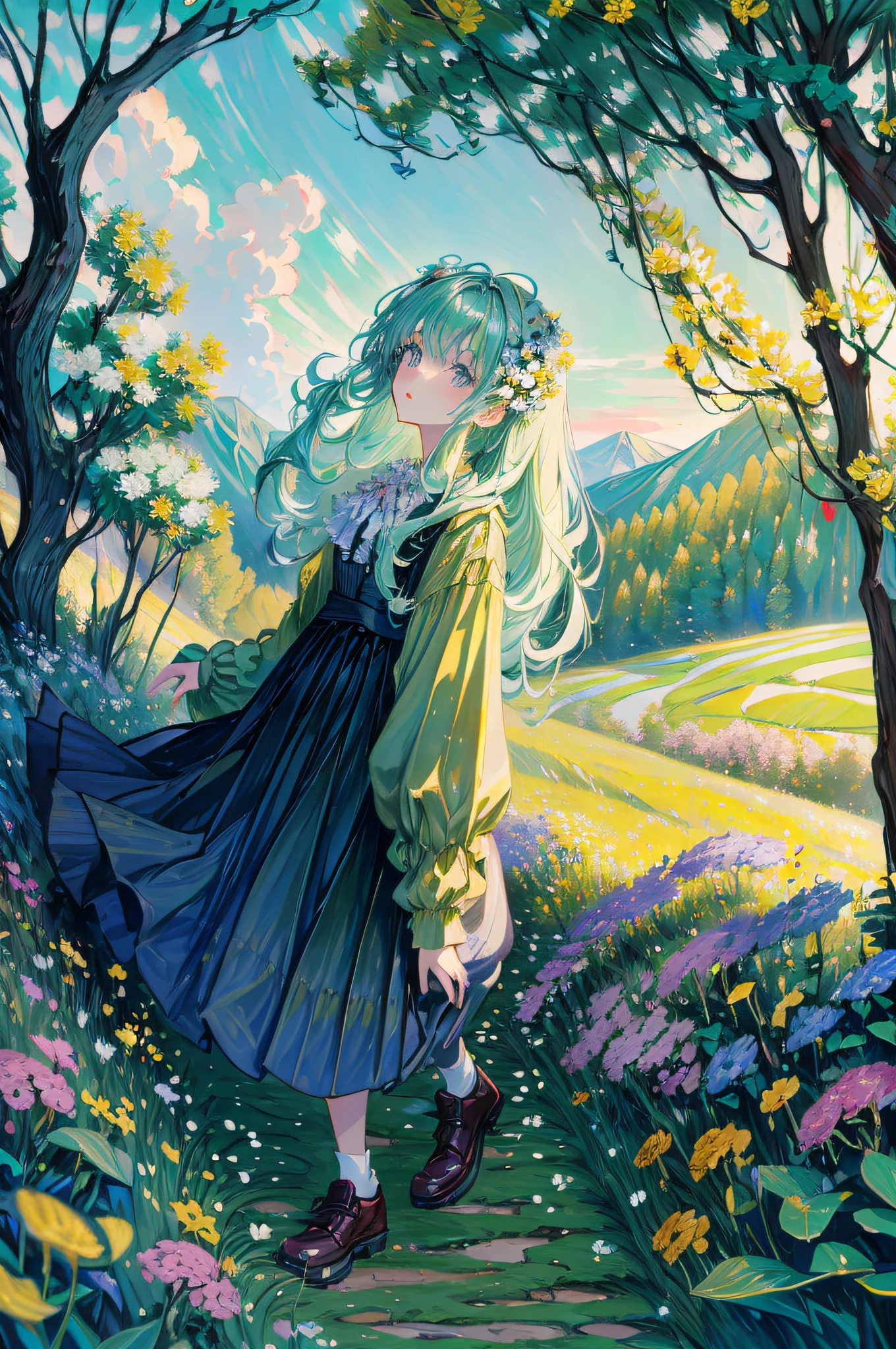 (masterpiece),(best quality),(ultra-detailed), beautiful detailed face. 1girl, long skirt, holding flowers, wide shot. Up the green slope, beneath the forest's roof, With slow, soft steps leaving the mountain’s steep, And sought those inmost labyrinths, motion-proof