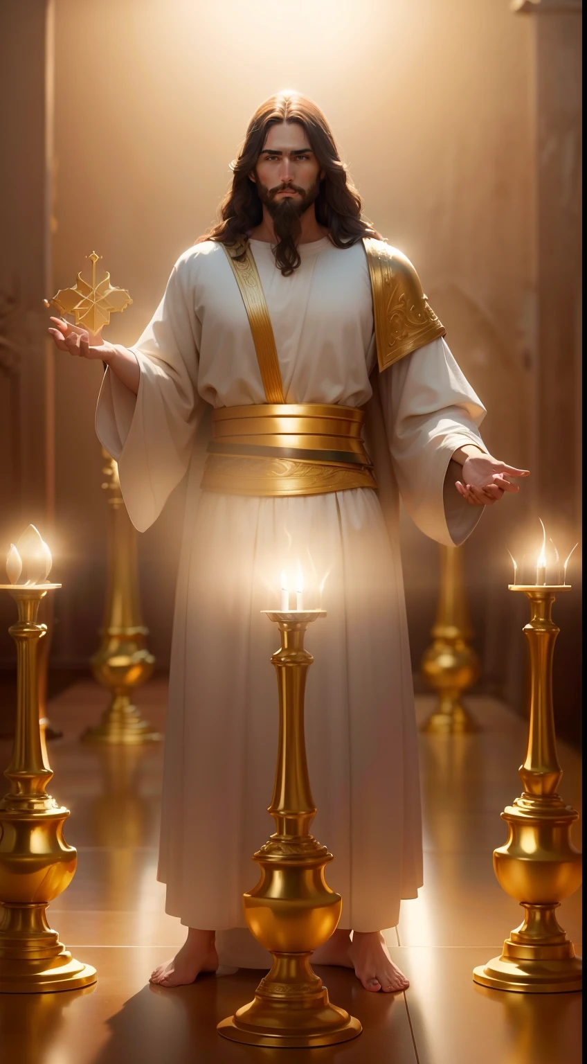 Jesus Cristo com cabelos brancos com aspecto resplandecente como o sol andando no meio de Candeeiros de Ouro puro lindo e dourado. Image with very high lighting quality, Very high resolution image, image with very high coloration, imagem realista, imagem hiperdetalhada