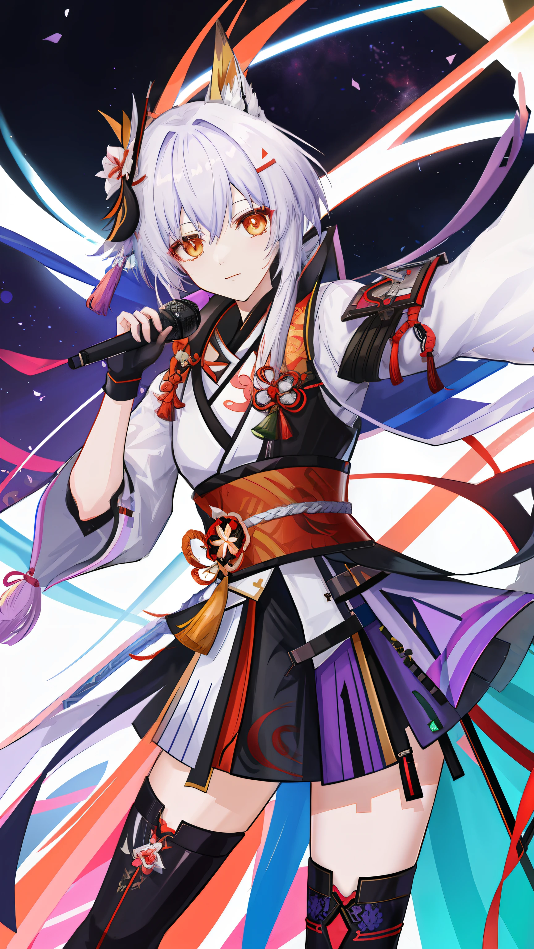 Anime characters standing in front of colorful backgrounds,With microphone and microphone, Keqing from Genshin Impact, From Arknights, fox nobushi, Inspired by Bian Shoumin, Genshin impact's character, An anime cover, Genshin, zhongli from genshin impact, Genshin Impact style, White-haired fox, trending at cgstation