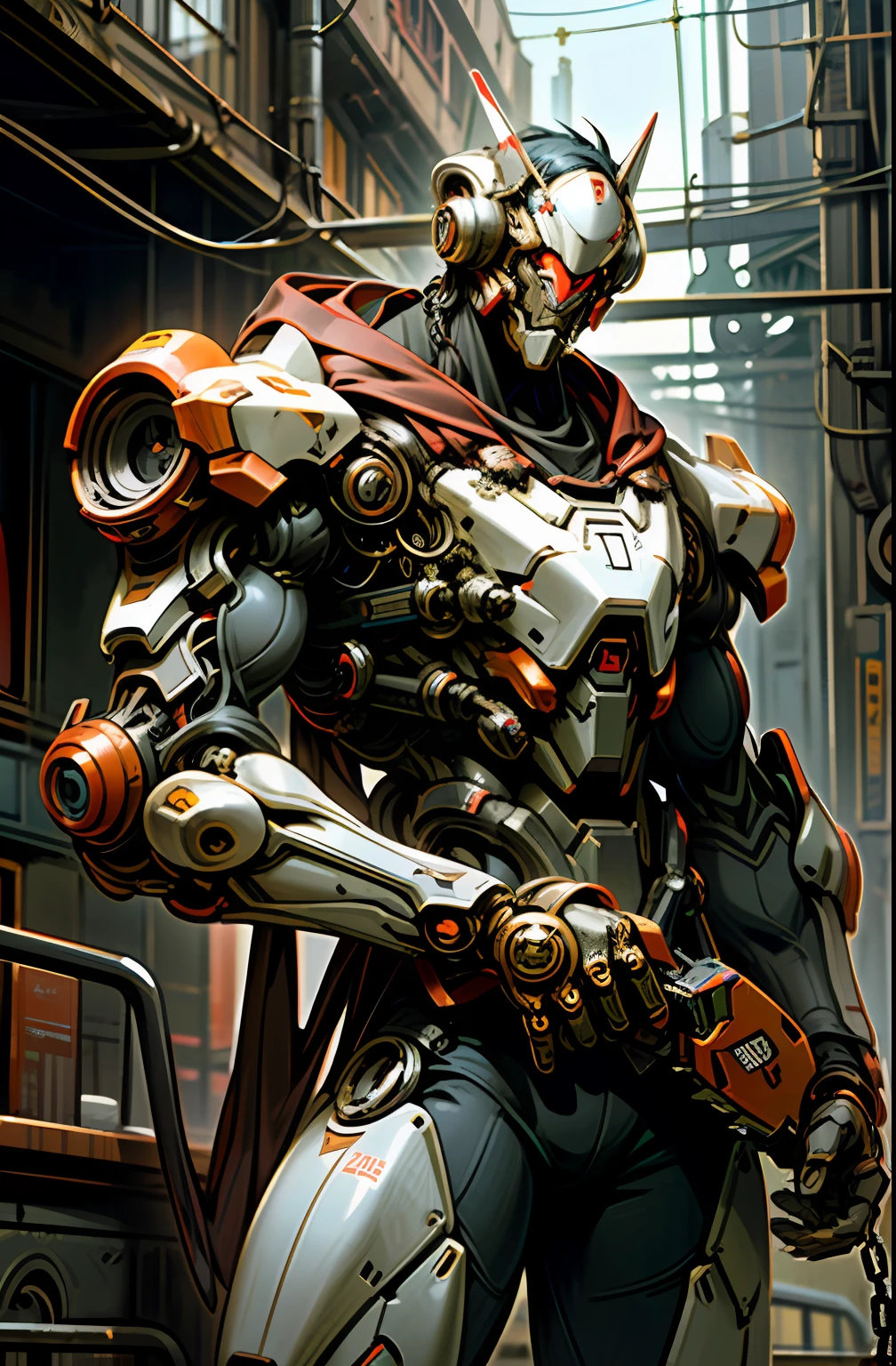 Dark_Fantasy,Cyberpunk,(chain saw,chain saw man,Red:1.1),1man,Mechanical marvel,Robotic presence,Cybernetic guardian, wearing a worn-out mech suit, intricate, (steel metal [rusty]), elegant, clear focus, shot by greg rutkowski, soft lighting, vibrant colors, masterpiece, ((street)), cowboy shot, dynamic pose,