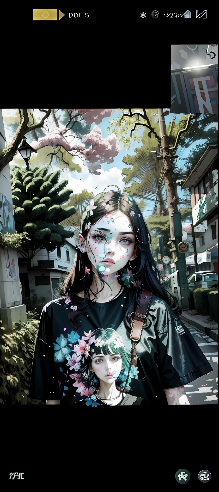 There is a woman wearing a floral shirt for a photo, lily frank, with ivy, young glitched woman, ivy's, Anime style mixed with Fujifilm, halo effects, distorted photo, cyberpunk pincushion lens effect, double exposure effect, littered, digital art but photo, Has a glitch and graffiti effect, Praise the art style, big eyes, high nose