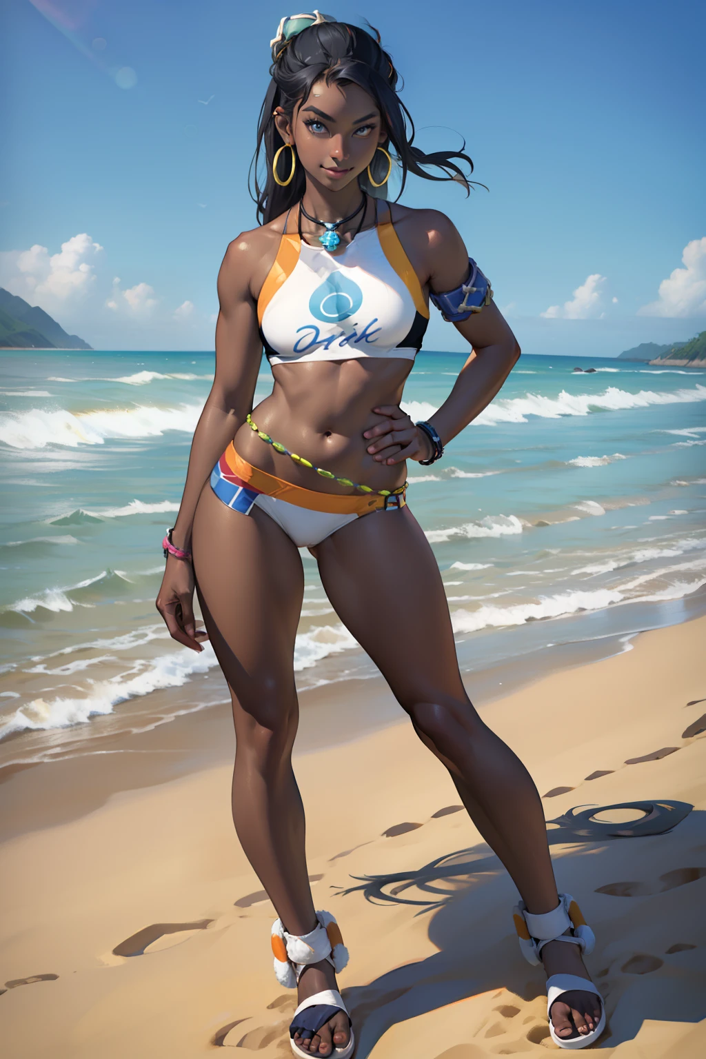 (Masterpiece, Best Quality:1.2), 独奏, 1girl, this, dark skin, dark skinned female, slight smile, looking a viewer, Hand on hip, single hair bun, Jewelry, necklace, earings, Belly chain, A bracelet, midriff, Beach, full - body, dressless, naked ass, Nude female body, Female genitals