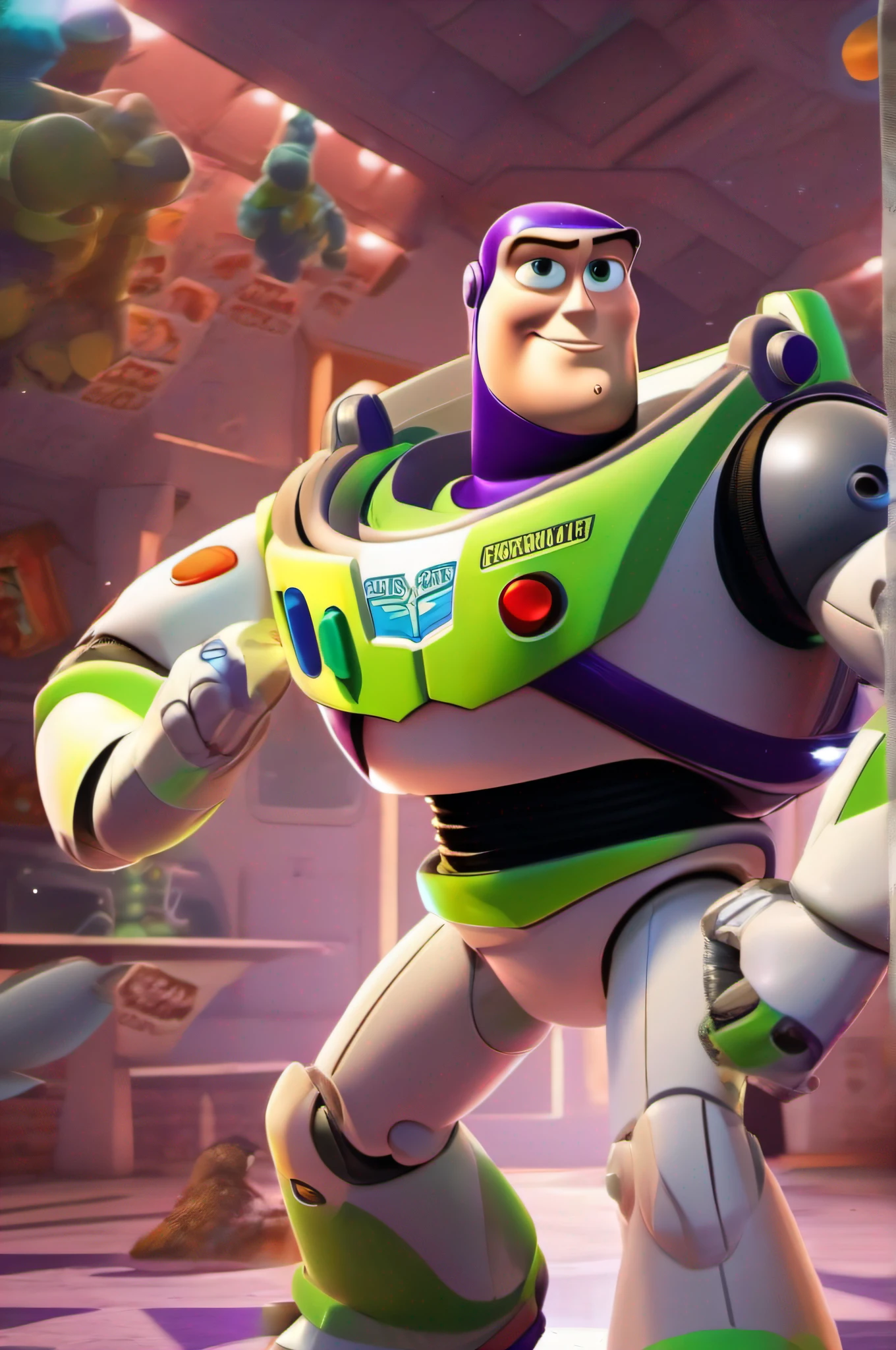 The protagonist of this scene is the heroic Buzz Lightyear. He's in the center of the room, com sua armadura espacial brilhante e asas dobradas nas costas. His eyes are a bright shade of green, exhibiting curiosity and determination. He's confident and excited, ready to embark on yet another intergalactic adventure.