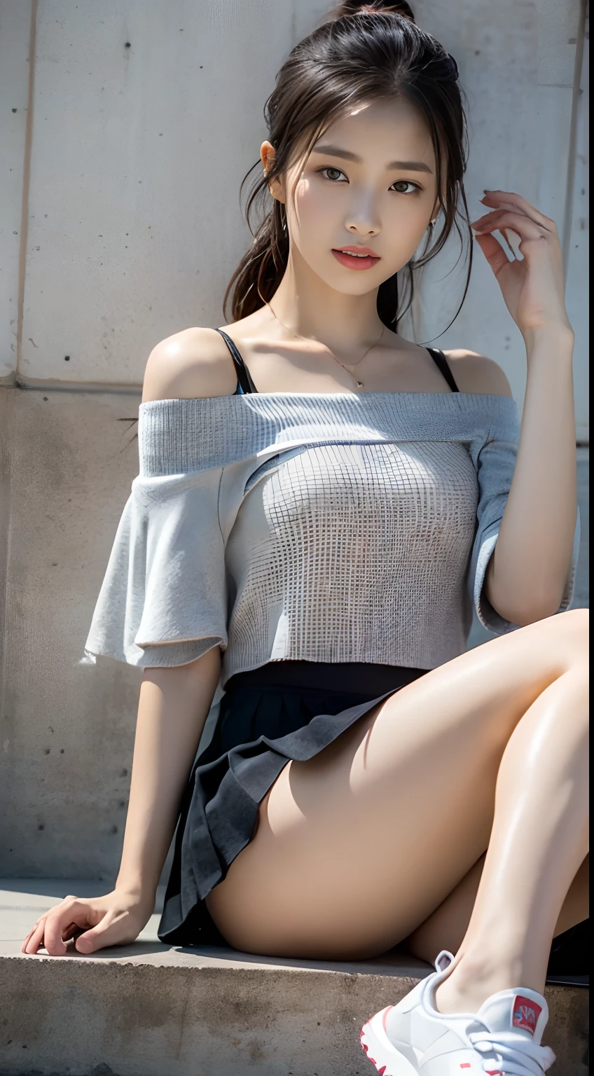((Best picture quality, 8K, tmasterpiece:1.3)), 1girll, Casual hairstyle, (off-shoulder blouse,Short pleated skirt:1.3),(wet see through clothes:1.4),Ultra-fine face, A detailed eye, 二重まぶた,(long leges:1.4),(athletic sneakers:1.3)Erlang legs,Sit sideways on a high platform