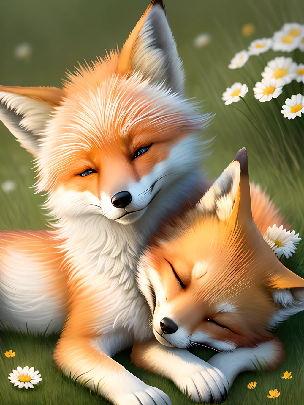 beautiful fox,opening eyes,ssmile,grassy,Flowers and good lighting,Intimate with a wolf