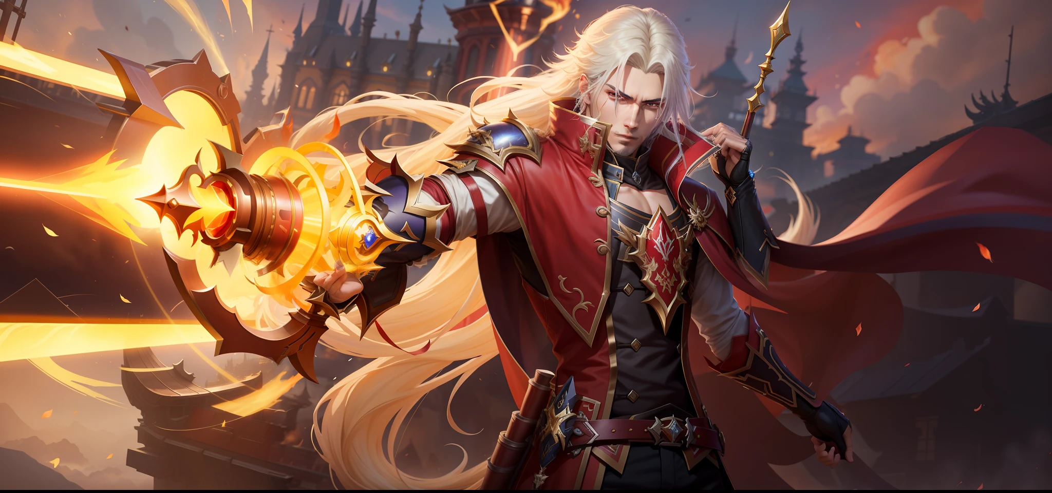 um homem com um manto vermelho segurando uma espada e fogo, Alucard, Heise Jinyao, Zhongli, Genshin Impact, por Yang J, Keqing de Genshin Impact, Sakimi, Astri Lohne, arte splash, mobile legends, Artgerm extremamente detalhado, estilo shadowverse, inspirado por Yang Jin, Sylas, arte oficial splash, ultradetalist, 4k