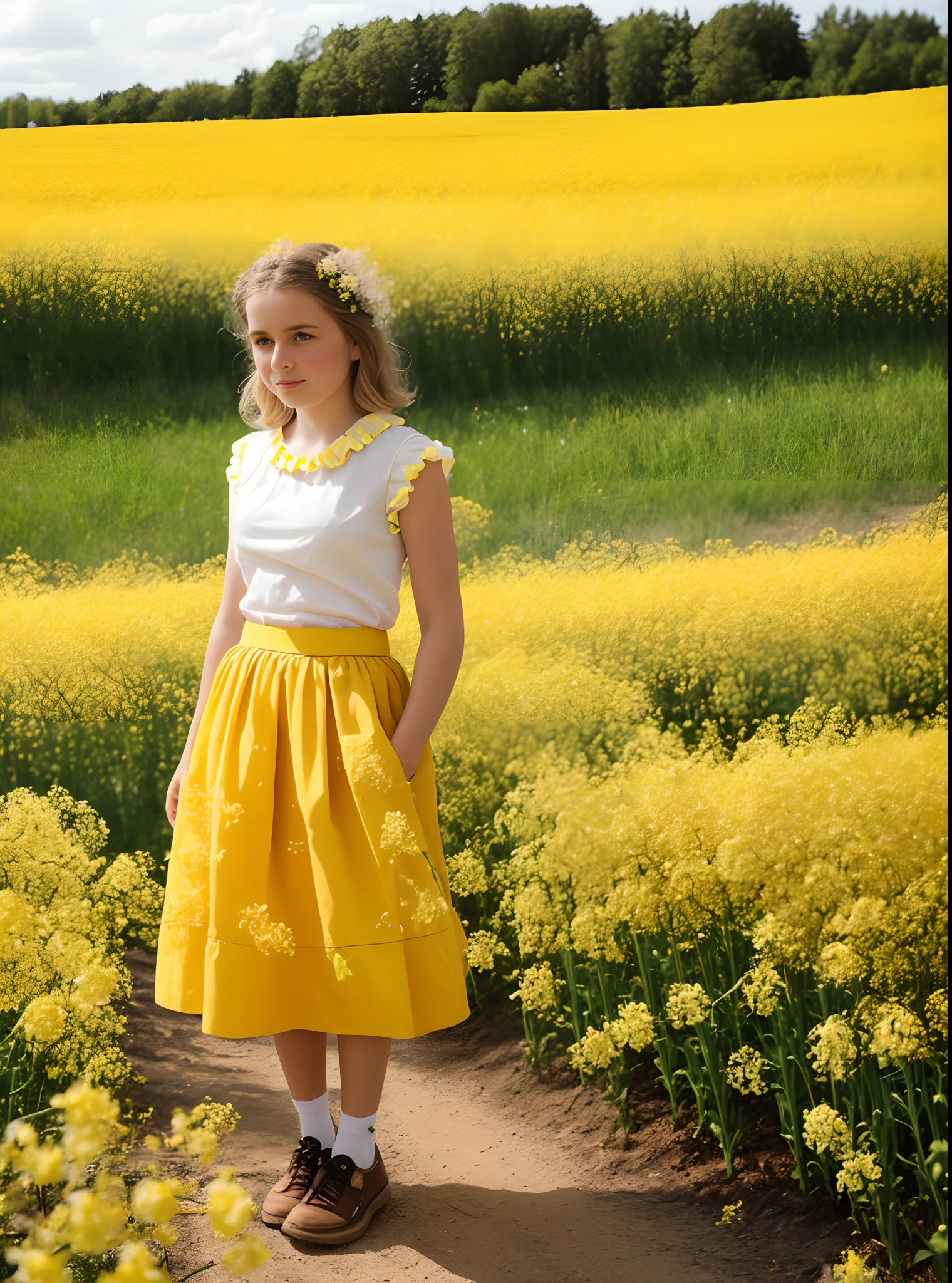 Real Human，adolable，bit girl，Puffy skirt，Yellow skirt，rapeseed blossoms，rays of sunshine
