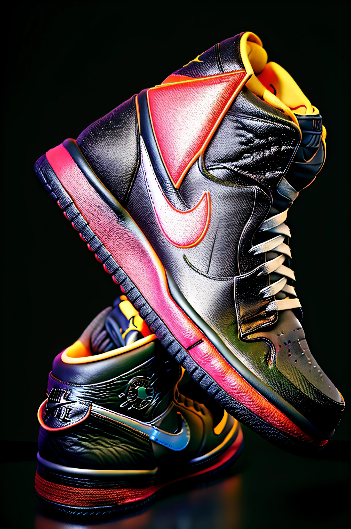black boots jordan retro 1 color nike symbol black sole white,professional photography, captured with professional DSLR camera, trending on Artstation, 64k, ultra detailed, ultra accurate detailed, studio lighting, intricate, epic, dark background