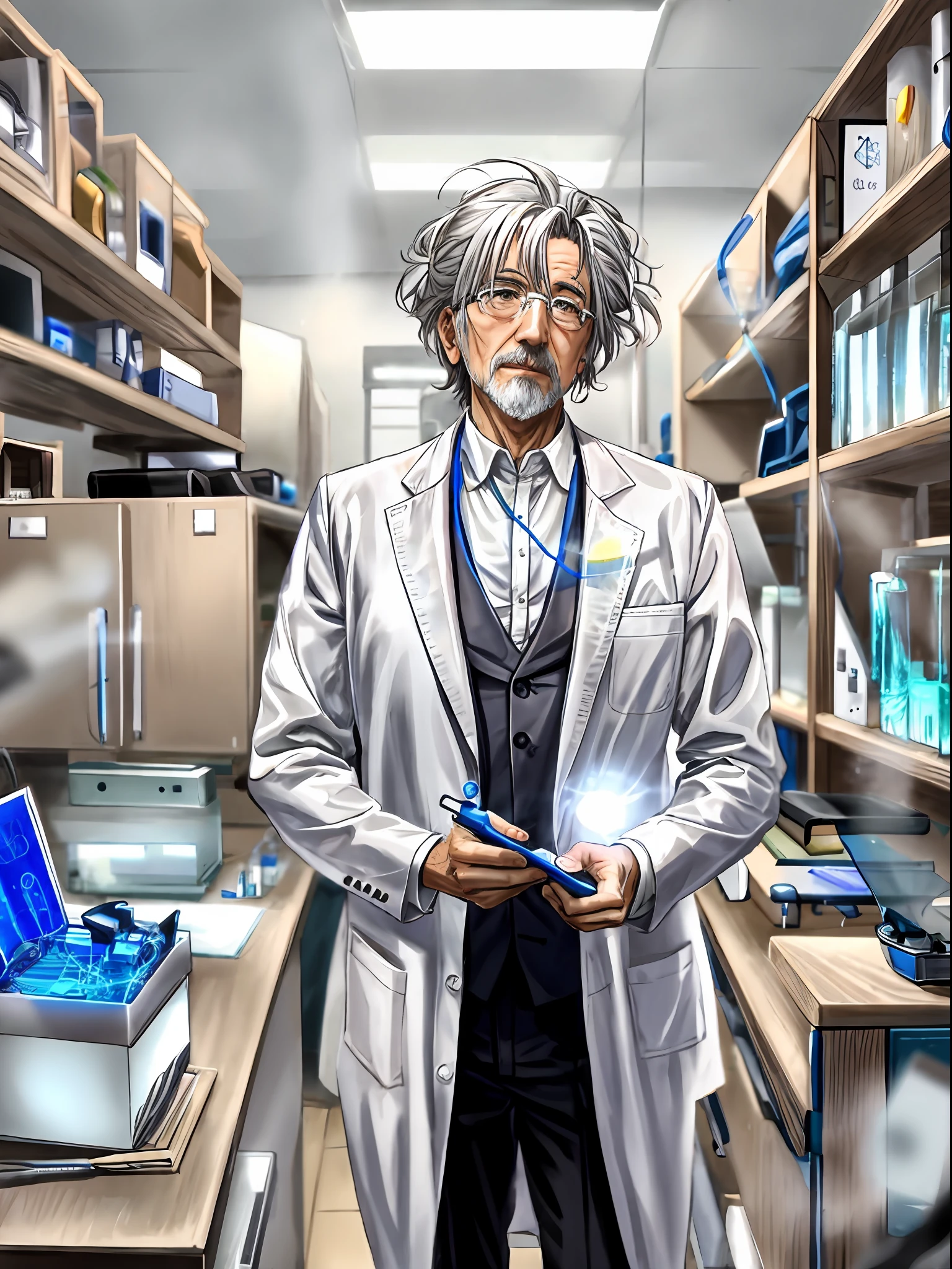 messy hair style,Gray hair,A great inventor,the scientist,physicist,Wear a white coat,In the lab,Physics Laboratory,Learned old man,Elderly with wrinkles