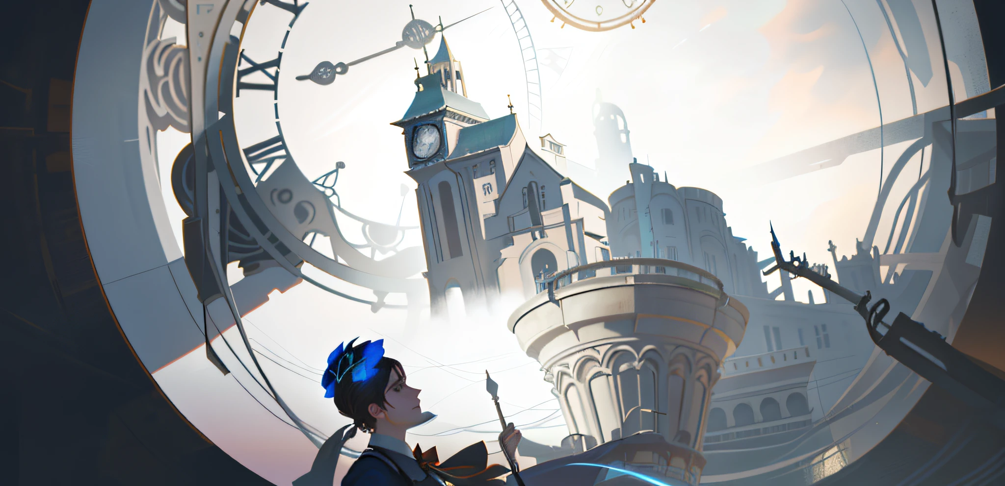 there is a clock that is on the side of a building, art nouveau octane render, blurry and dreamy illustration, infinite space clock background, the clock tower, surreal concept art, keyframe illustration, highly detailed surreal vfx, bioshock infinite art style, the flow of time. complex shapes, illusion of bent time, blurry and dreamy illustration, concept-art, Stylized concept art