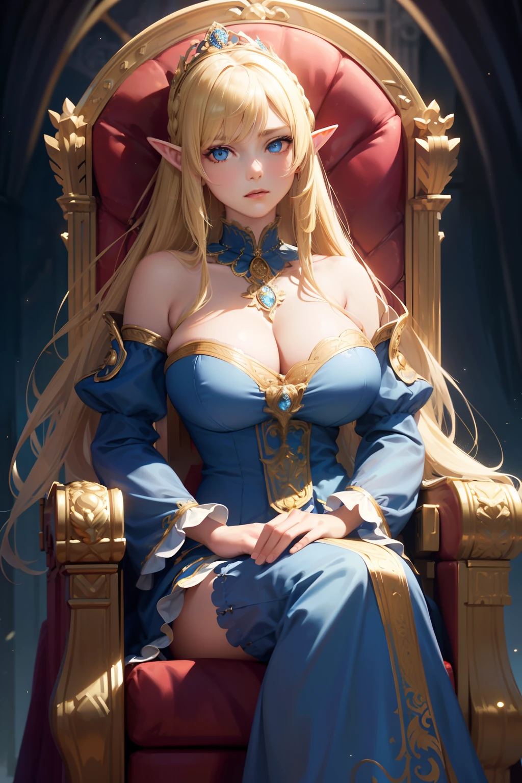 (Realistic), (Highres), 4K, 8K, Detailed Illustration, Ultra-Detailed, Ambient Light, Backlighting, Realistic Shadows, Glowing Particles, Light Particles, Digital Art, Detailed Face, Detailed Hair, (Hyper-Detailed Eyes:1.2), Soft Light, Soft Lighting, (Outdoors:1.15), Renaissance, Renaissance Architecture, Hyper Detailed Architecture, Vintage Windows, Red Curtains, (Throne:1.4), (Sitting on Throne:1.2), Front, Frontal, Huge Throne, Ornate Throne, Royal Throne, Massive Throne, (Blonde Hair:1.15), Bangs, Shiny Hair, short braids, Blue Eyes, Closed Mouth, Dignified Expression, Emotionless, Calm, Confident (Solo:1.4), Mature Female, Sexy Elf Woman, Full Body, Toned Thighs, Narrow Waist, Round Hips, (Huge Perky Breasts:1.1), Crossed Legs, (Crossed Arms:1.1) (Elegant Blue Dress:1.1), Ornate Clothes, Ornate Dress, (Blue Off-Shoulder Dress:1.1), Bare Shoulders, Skindentation, (Blue Dress:1.1), (White Puffy Sleeves, Long Sleeves, Juliet Sleeves:1.1), Long Sexy Dress, cleavage, covered , (Ballroom Gown:1.3), (Frilled Dress:1.3), (Jewelry:1.15), Collar, Gorget, Gold-Trim, Regalia, Knight (NSFW 1.1)