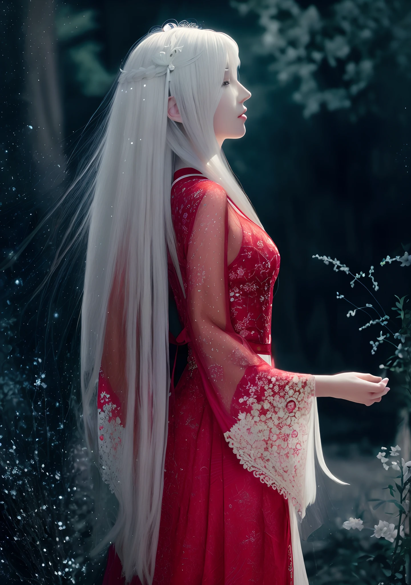 Close-up of a woman with long white hair in a red dress, long  white hair, with long white hair, beautiful fantasy maiden, Palace ， A girl in Hanfu, ethereal fairytale, uma linda princesa, beautiful teenage girl, grayscale phtoto with red dress, Ethereal beauty, dreamy dress, ((a beautiful fantasy empress)), Flowing white hair，Expose your feet，anime big breast，quadratic element，2D