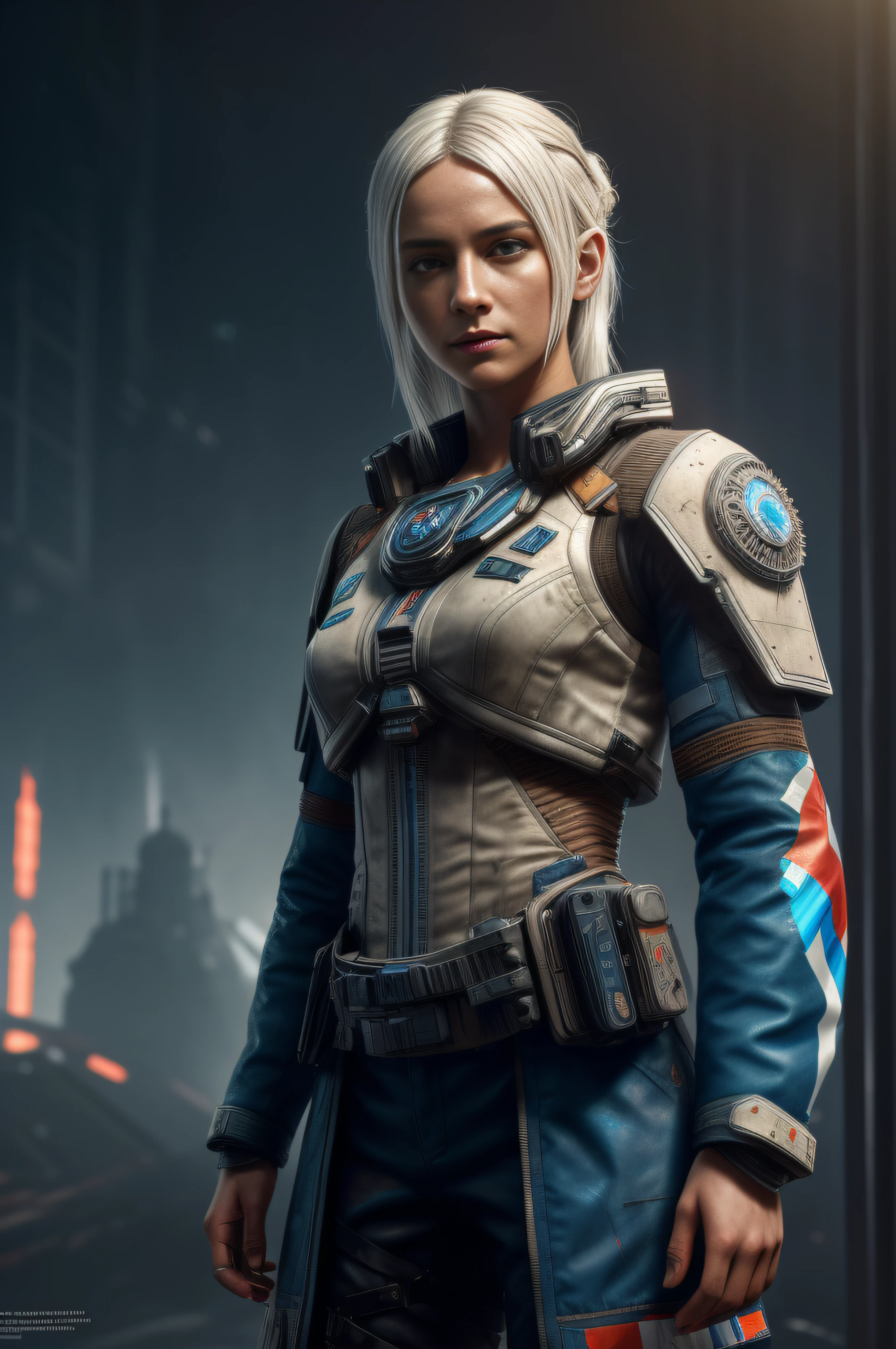 Girl, white hair, 4k, techwear, hyperrealism, realistic, hyperrealistic, high resolution, spaceship pilot, in the art style of Filip Hodas, post-apocalyptic style, full body character, 35mm lens, cinematic, soft lighting, epic realistic, faded, ((neutral colors)), (hdr:1.5), (muted colors:1.2), pastel, hyperdetailed, warm lights, dramatic light, (intricate details:1.2), complex background, rutkowski, ((intricate details)), ((intricate details, hyperdetailed)), ((blue details)), ((((Polish flag)))), (white clothing) with blue stripes, (smile:1.1), ((by Carne Griffiths)), iron hair clips, full-length, dark space in the background, titanfall, (dark shot:1.17), epic realistic, faded, ((neutral colors)), art, (hdr:1.5), (muted colors:1.2), hyperdetailed, (artstation:1.5), cinematic, warm lights, dramatic light, (intricate details:1.1), complex background, (rutkowski:0.8), (teal and orange:0.4)