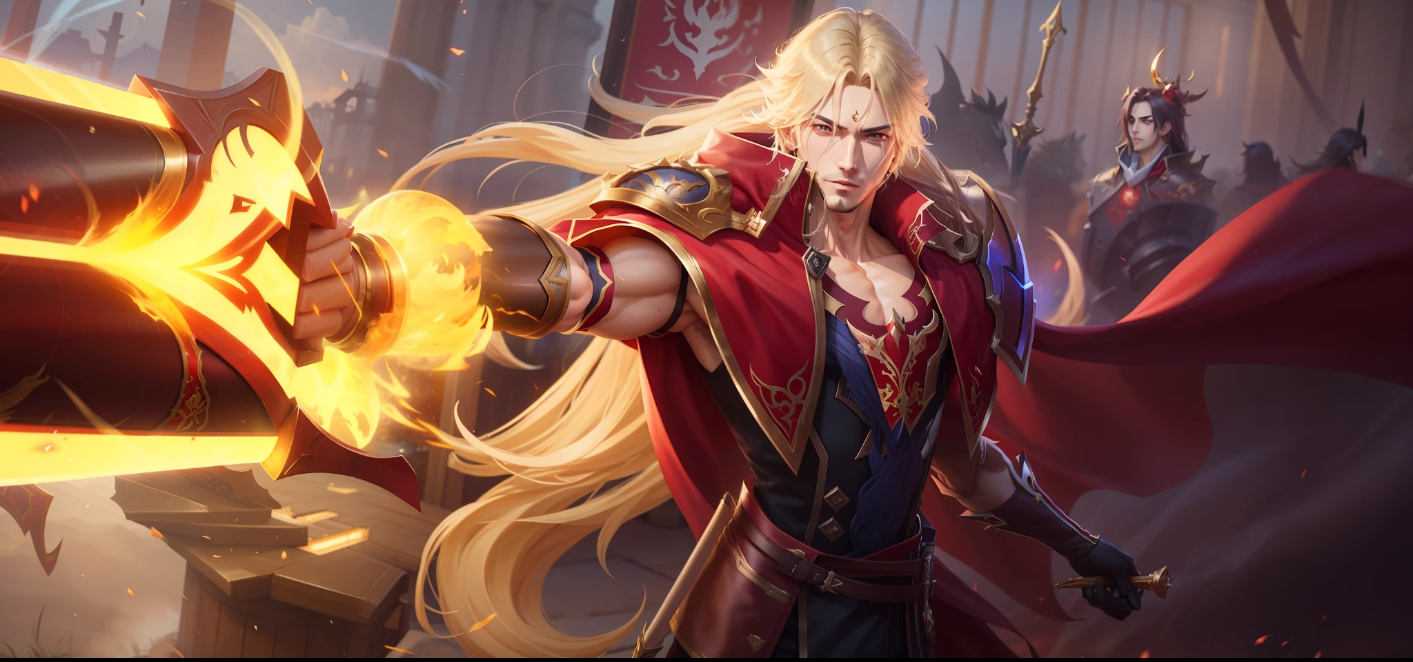 um homem com um manto vermelho segurando uma espada e fogo, Alucard, Heise Jinyao, Zhongli, Genshin Impact, por Yang J, Keqing de Genshin Impact, Sakimi, Astri Lohne, arte splash, mobile legends, Artgerm extremamente detalhado, estilo shadowverse, inspirado por Yang Jin, Sylas, arte oficial splash, ultradetalist, 4k