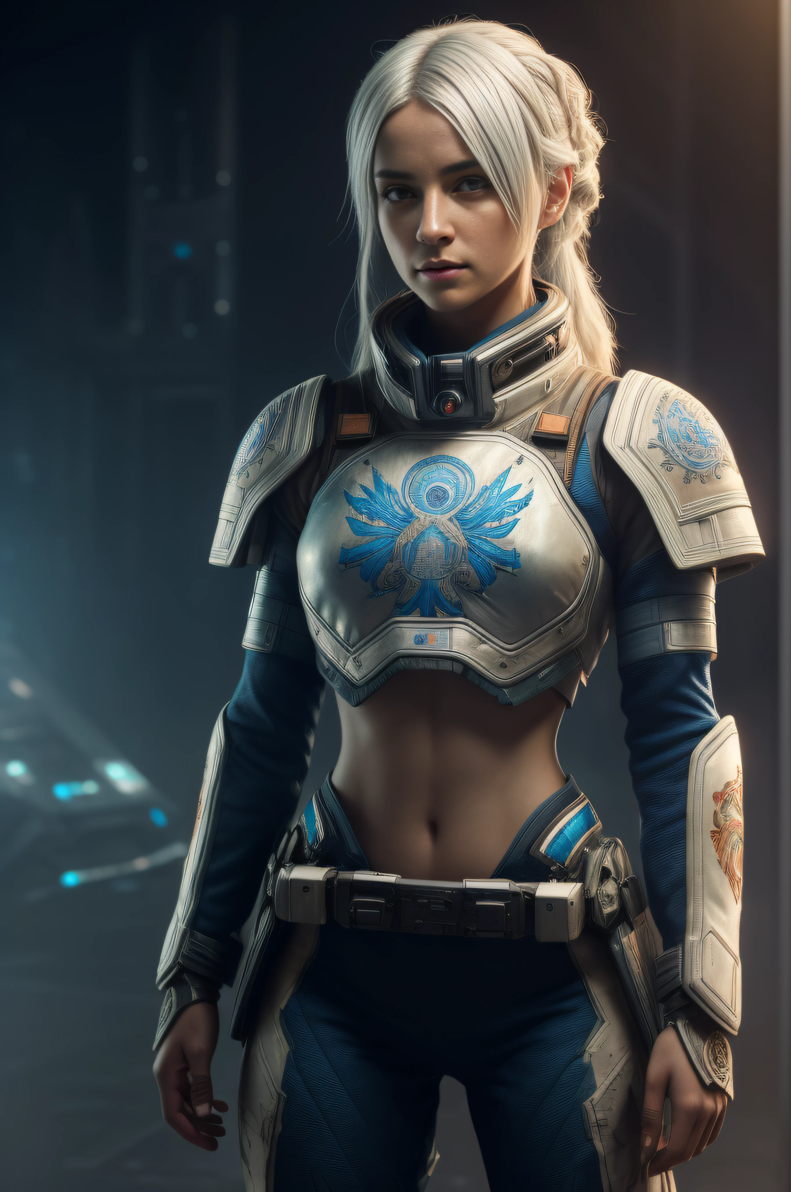 Girl, white hair, 4k, techwear, hyperrealism, realistic, hyperrealistic, high resolution, spaceship pilot, in the art style of Filip Hodas, post-apocalyptic style, full body character, 35mm lens, cinematic, soft lighting, epic realistic, faded, ((neutral colors)), (hdr:1.5), (muted colors:1.2), pastel, hyperdetailed, warm lights, dramatic light, (intricate details:1.2), complex background, rutkowski, ((intricate details)), ((intricate details, hyperdetailed)), ((blue details)), ((((Polish flag)))), (white clothing) with blue stripes, (smile:1.1), ((by Carne Griffiths)), iron hair clips, full-length, dark space in the background, titanfall, (dark shot:1.17), epic realistic, faded, ((neutral colors)), art, (hdr:1.5), (muted colors:1.2), hyperdetailed, (artstation:1.5), cinematic, warm lights, dramatic light, (intricate details:1.1), complex background, (rutkowski:0.8), (teal and orange:0.4)