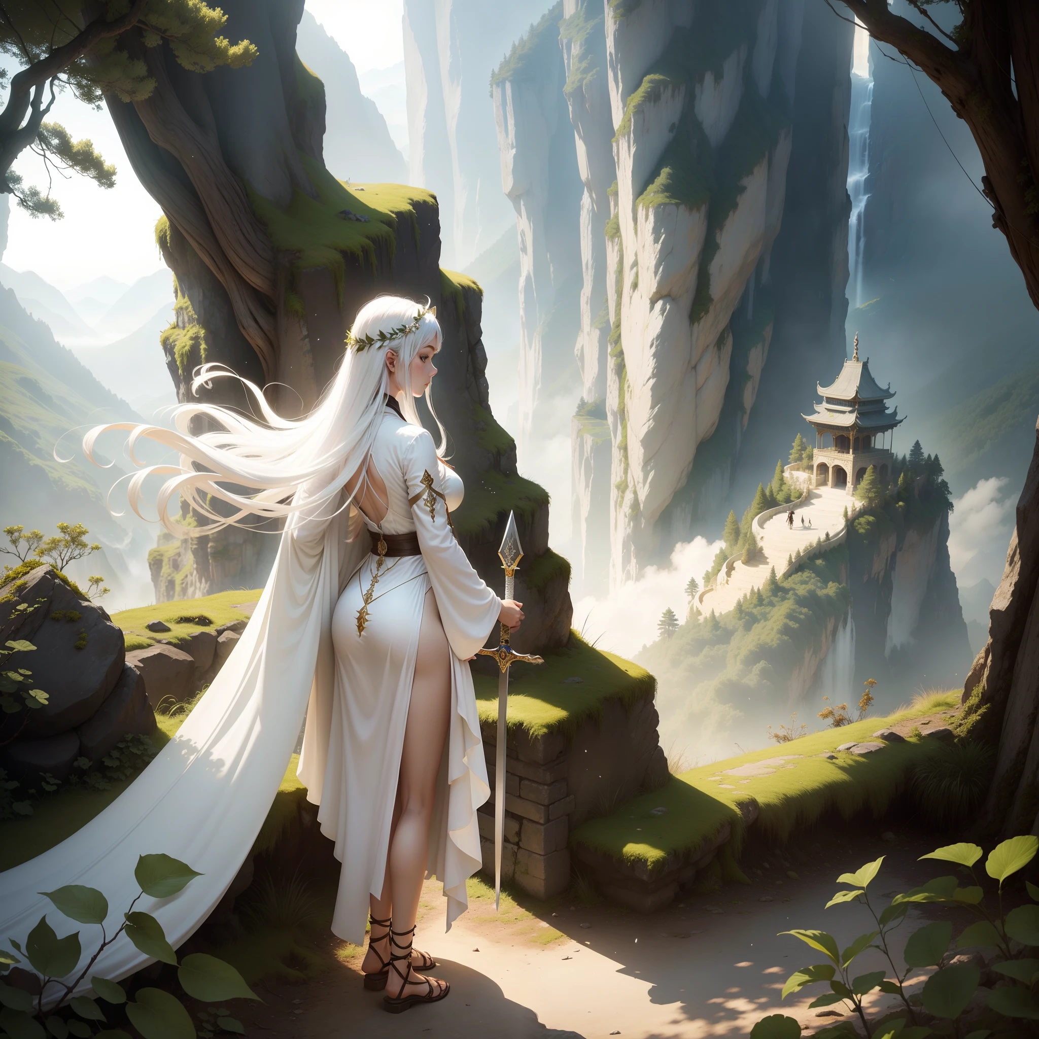 Sword Fairy,Fairy style,White robe with long hair,The two swords are swung in staggered,There was fog all around,Sunlight shines through the foliage,Surrounded by cascading mountains,At the foot of the mountain is an ancient palace,The sword was suspended in the air,A brilliant aura rises。