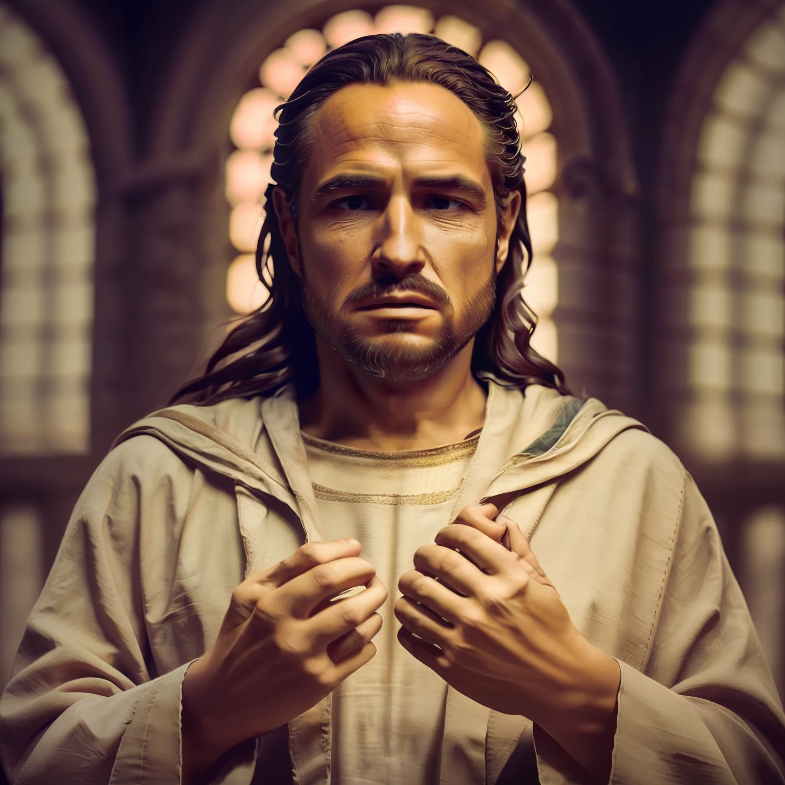 Award-winning realistic photo of Jesus Christ (looking at the sky: 1.3), expression conveying a sense of satisfaction and victory, 4k hyper-detailed, hands clasped in prayer, sharp, bright image