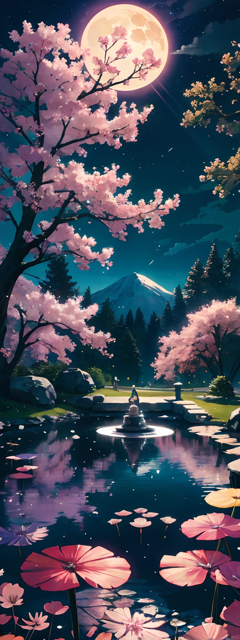 Expansive landscape photograph，（look from down，Above is the sky，Below is the pond），A girl stands on a pond and looks up，（moon full：1.2），（meteors：0.9），（Starcloud：1.3），Far Mountain, Cherry blossom tree rest making art，（Warm light source：1.2），（glowworm：1.2），lamp lights，Lots of purple and orange，Complicated details，Volumetriclighting，Realism BREAK（tmasterpiece：1.2），（best qualtiy），4K，Ultra-detailed，（dynamic compositions：1.4），The is very detailed，Colorful details，（Irridescent color：1.2），（luminouslighting，Atmospheric lighting），dream magical，magical，（独奏：1.2）Blue Moon，rays of moonlight