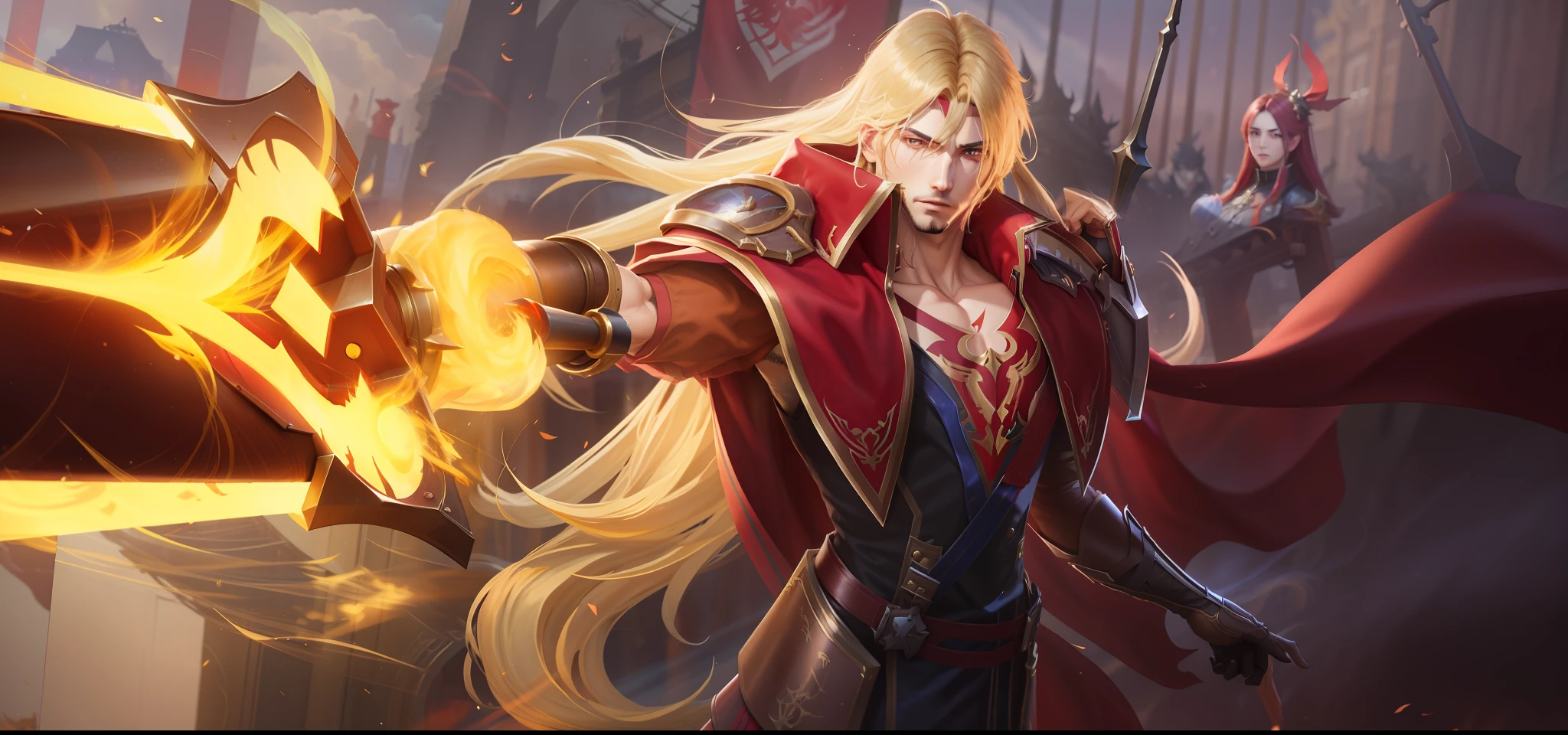 um homem com um manto vermelho segurando uma espada e fogo, Alucard, Heise Jinyao, Zhongli, Genshin Impact, por Yang J, Keqing de Genshin Impact, Sakimi, Astri Lohne, arte splash, mobile legends, Artgerm extremamente detalhado, estilo shadowverse, inspirado por Yang Jin, Sylas, arte oficial splash, ultradetalist, 4k