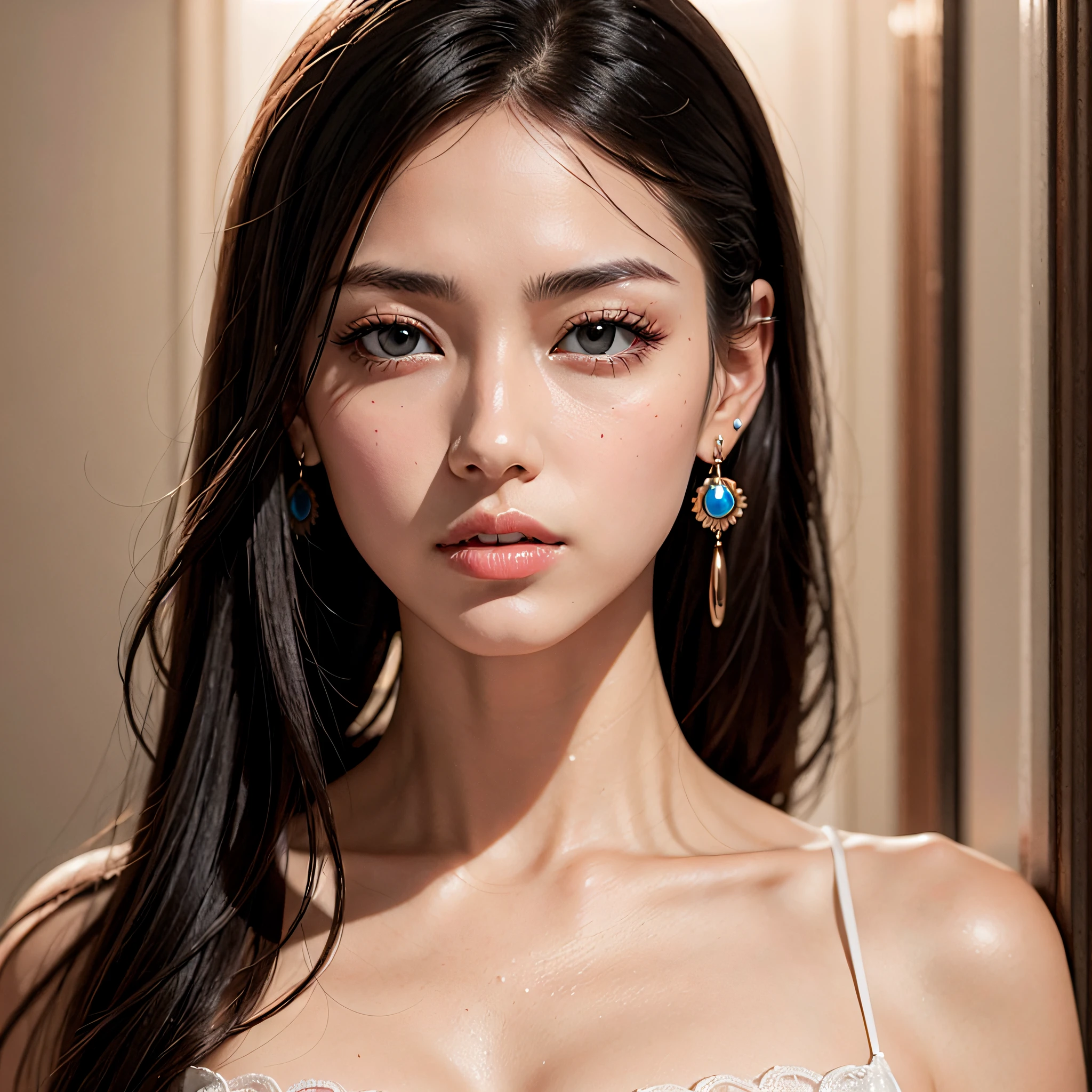 A pretty woman, delicate features directed gaze, Earrings