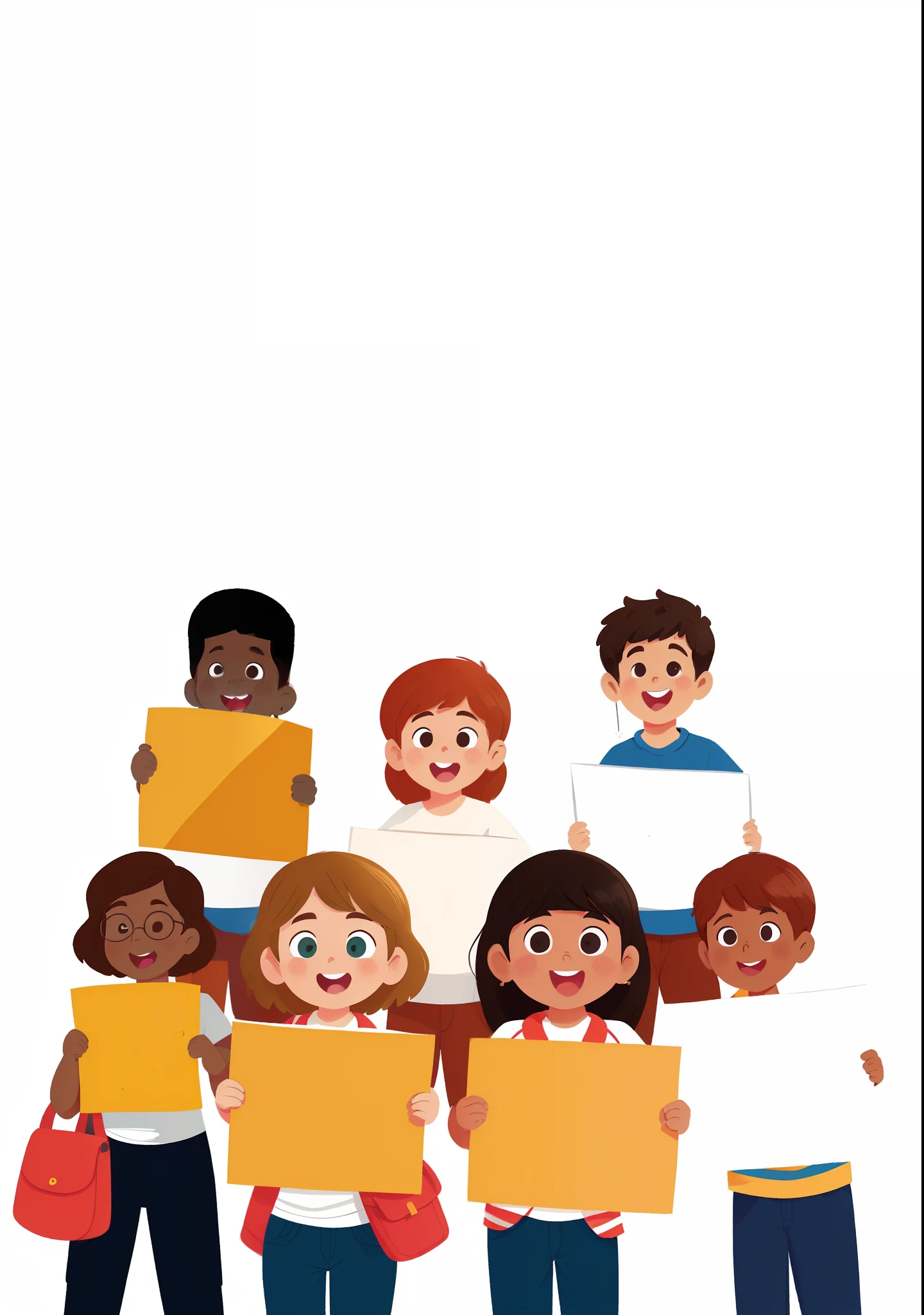 grupo de pessoas segurando cartazes e segurando uma sacola, no fundo preto, desenho animado infantil, children illustration, childrens, cartoon illustration, em um fundo escuro, flat illustration, cabrito, next gen, com um fundo preto, bg escuro, grupo de pessoas em um quarto escuro, subject action: segurando sinal, subject action : segurando sinal, solid background