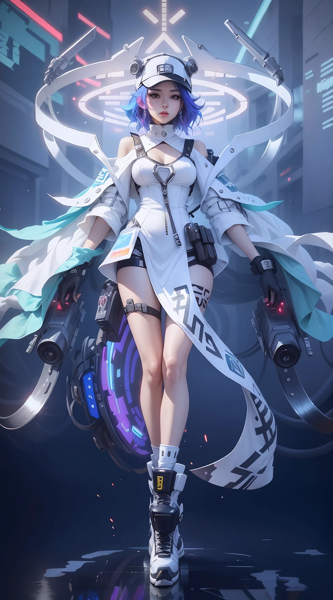 Beautiful woman medium hair, wearing cap, cyberpunk style short clothes
