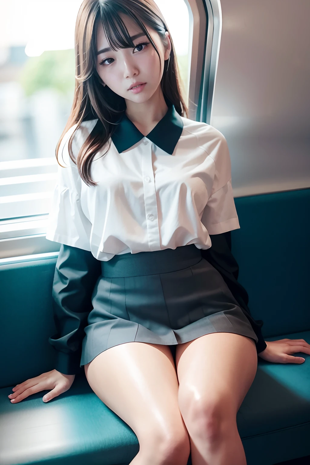 “(tmasterpiece,k hd,hyper HD,4K)brunette color hair,18 years old Korean girl,Uniform skirts,emphasizing thighs,whitethighhighs,soft thighs,Glossy thighs,sat on the ground,Face-to-face perspective,(From the angle below),sexy for,sitting in front,Crotch zoom camera,Feet on the train floor,full bodyesbian,Head down and sleepy-eyed,Just look at the audience", best qualtiy, hyper HD, (realisticlying:1.4),, A high resolution, the detail, RAW photogr, Sharp re, Nikon D850 Film Stock Photo by Jefferies Lee 4 Kodak Portra 400 Camera F1.6 shots, rich colors, ultra-realistic vivid textures, dramatic lighting, Unreal Engine Art Station Trend, Cinestir 800,