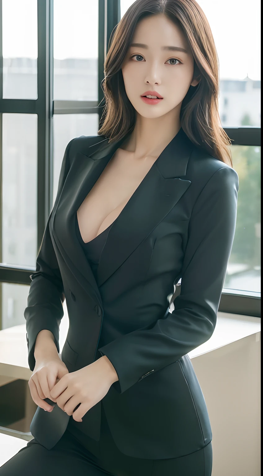 Office Lady、pant suit、((top-quality、8k、masuter piece:1.3))、1 female、Beautiful girl emphasizing slender abs:1.3、爆乳:1.2、Pose Seductive、swimming pools、hyperdetailed face、High detailed lips、A detailed eye、二重まぶた
